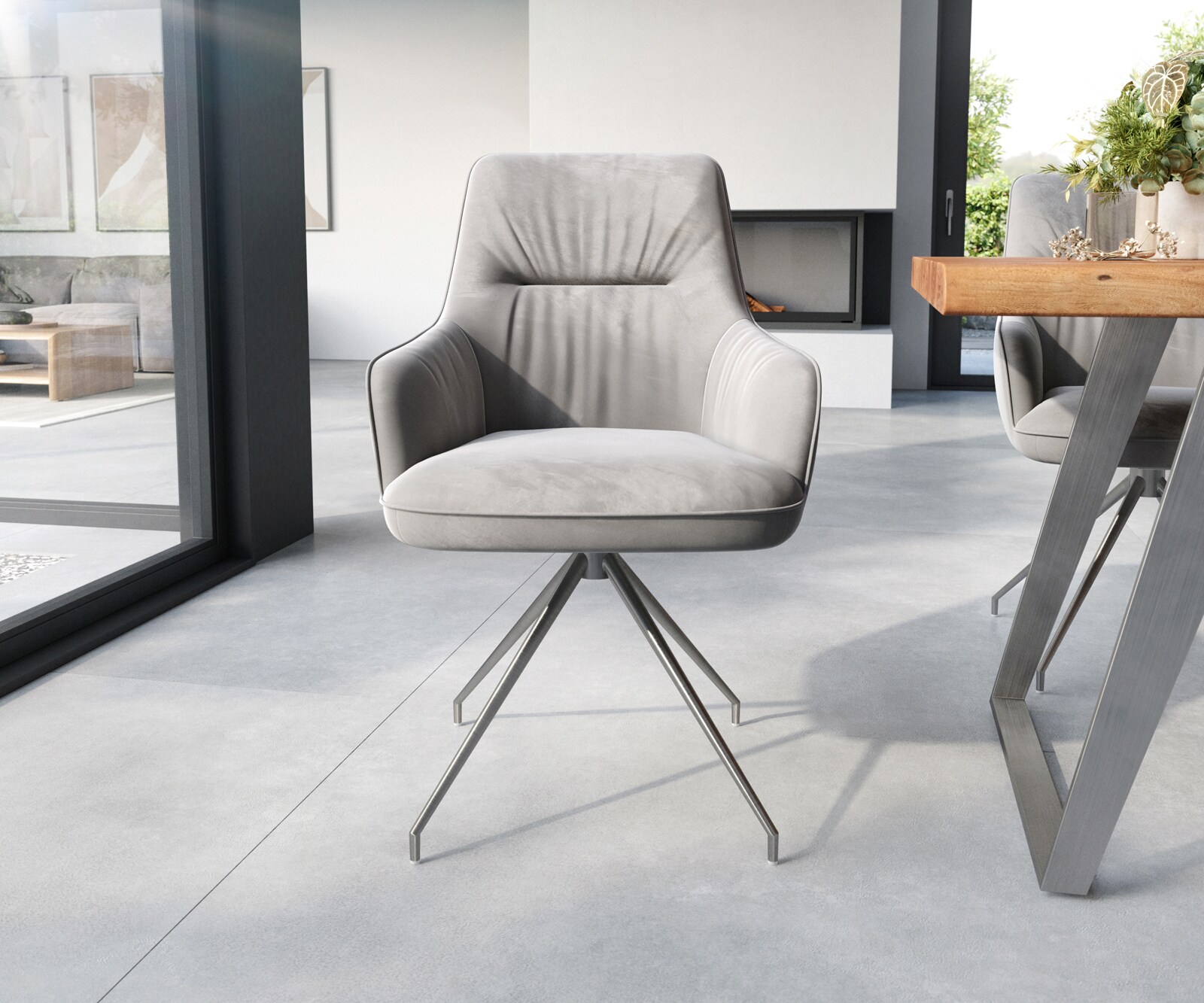 Chaise-de-salle-à-manger Zelia-Flex avec accoudoirs velours gris pied croisé conique acier inoxydable brossé ressorts ensachés 1 Chaise-de-salle-à-manger Zelia-Flex avec accoudoirs velours gris pied croisé conique acier inoxydable brossé ressorts ensachés 1