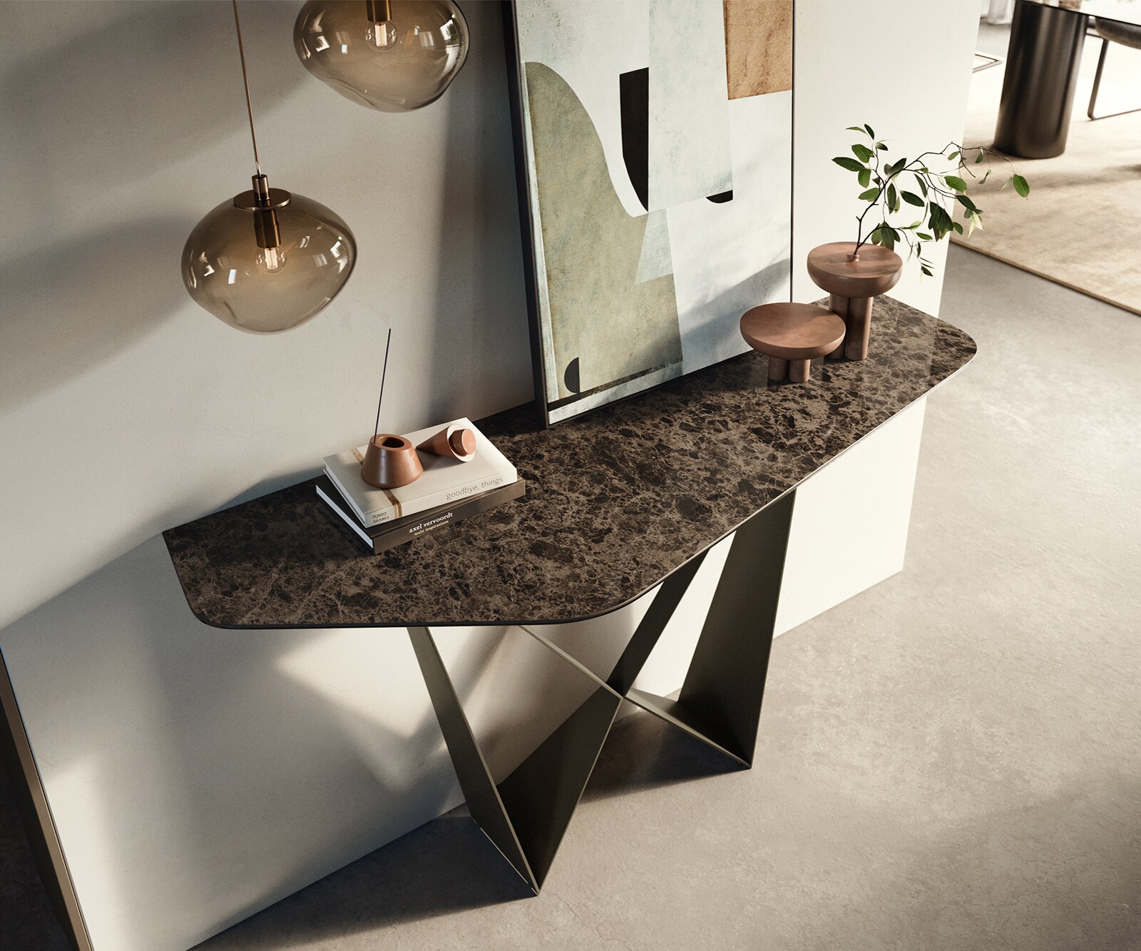 Console Edge Polygonal 140x50 cm Céramique Emperador Extra Lucidato Dunkelbraun Spios Métal Effektfinish Titan 1