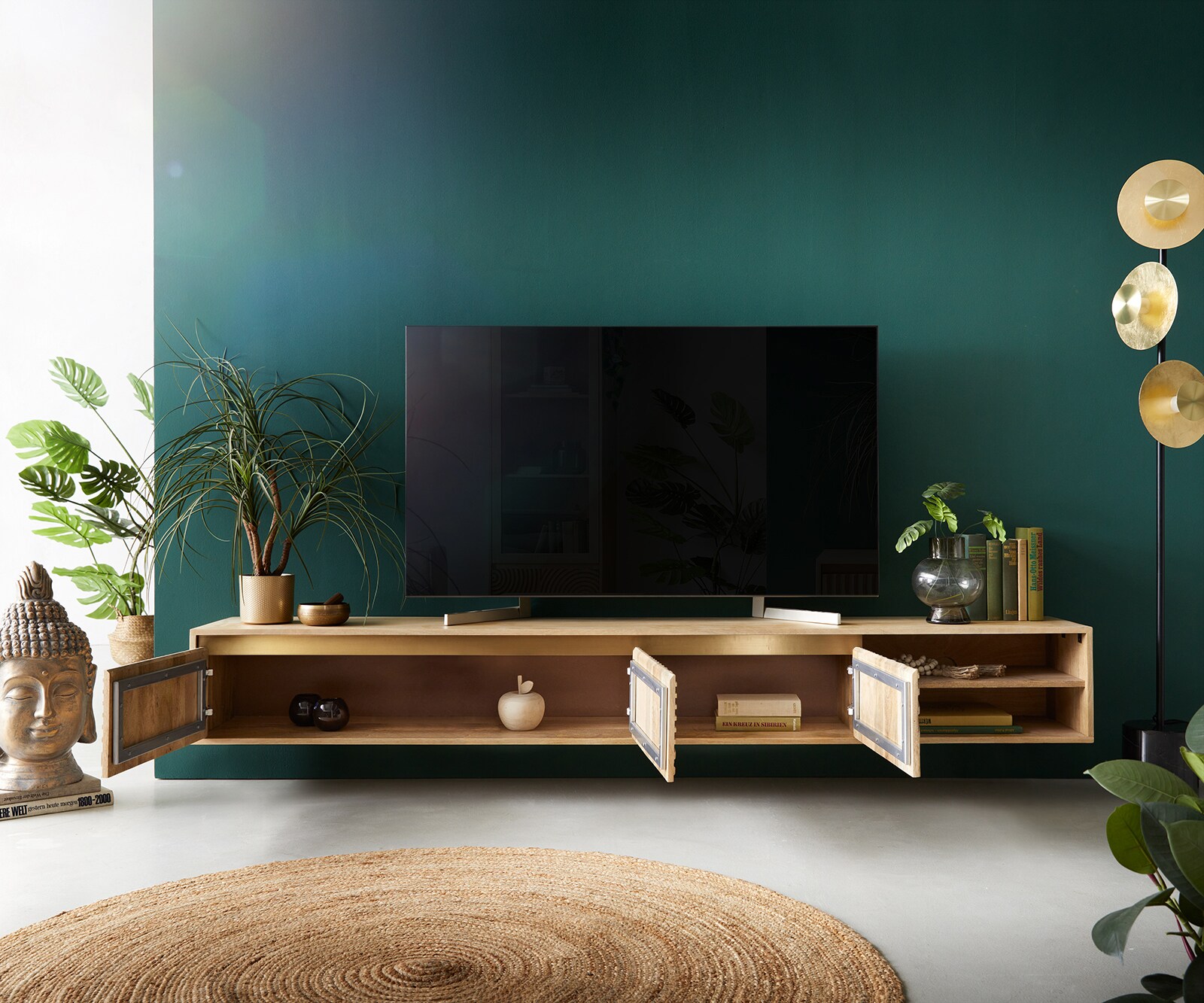 Meuble TV Budaya 220 cm en bois de manguier naturel 3 portes 2 compartiments. 4