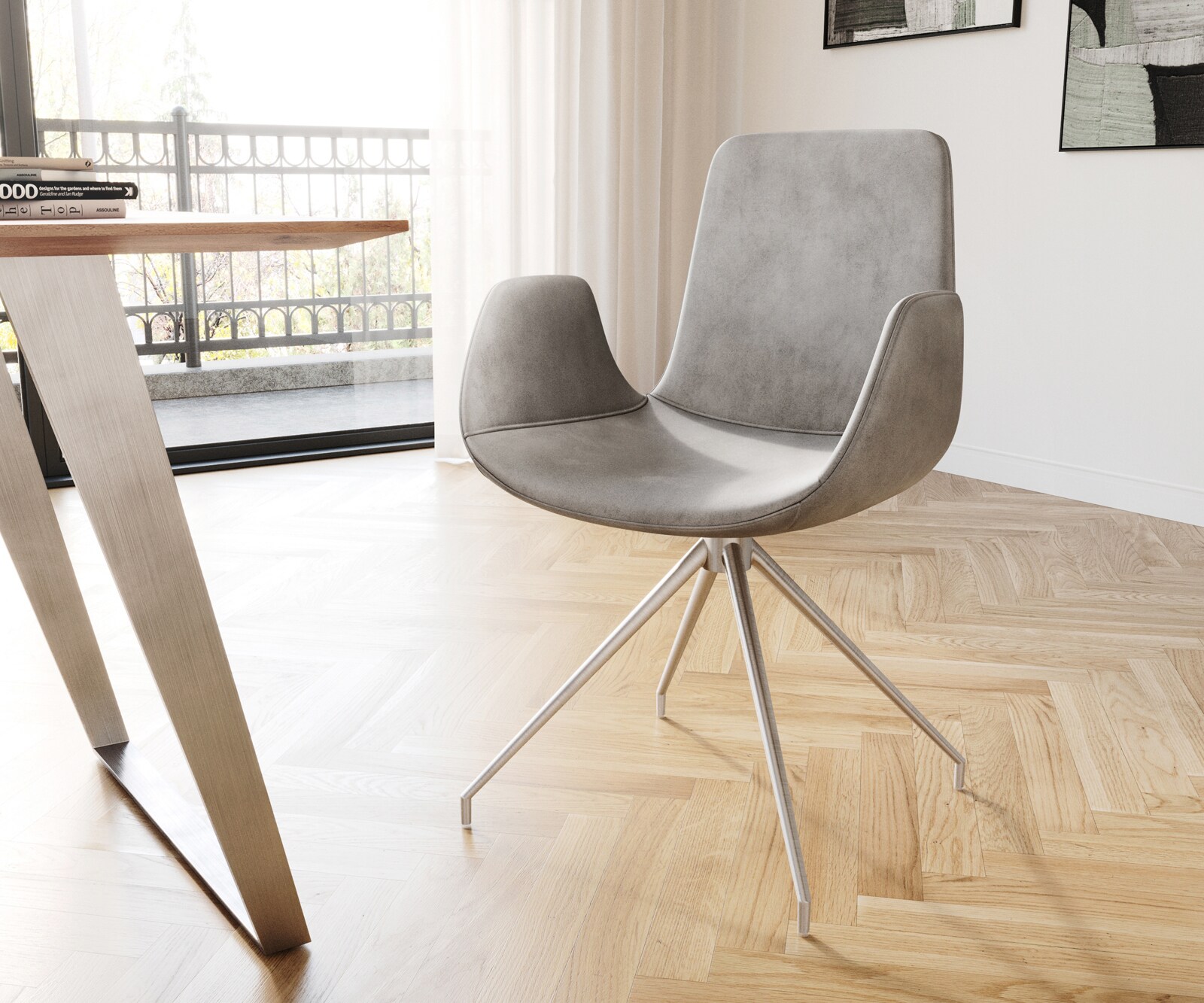 Chaise-de-salle-à-manger Ilia-Flex avec accoudoirs velours gris pied croisé conique acier inoxydable brossé