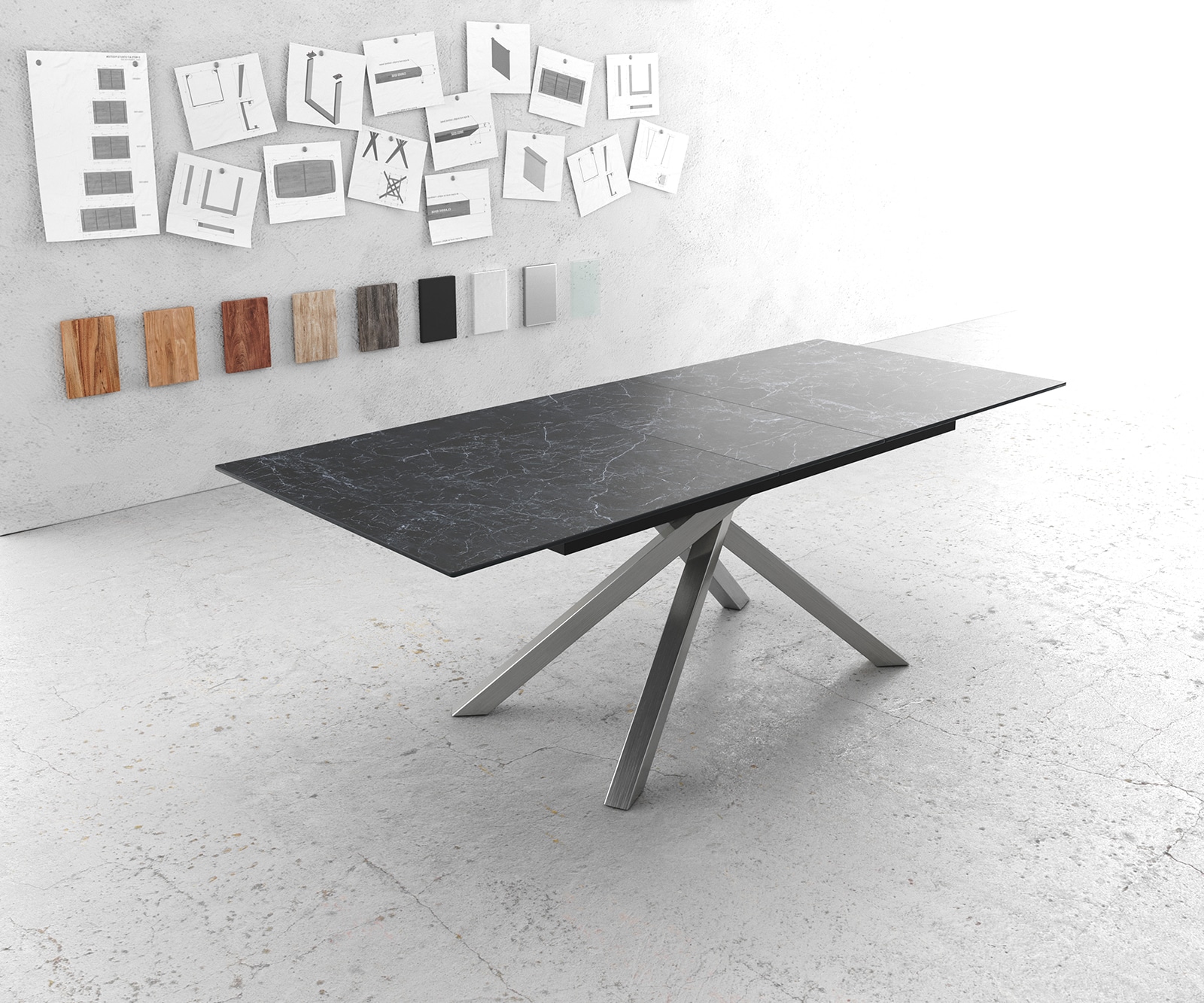 Table-à-manger Edge 180-220x90cm Laminam® céramique gris pieds milieu croisé argent Table-à-manger Edge 180-220x90cm Laminam® céramique gris pieds milieu croisé argent