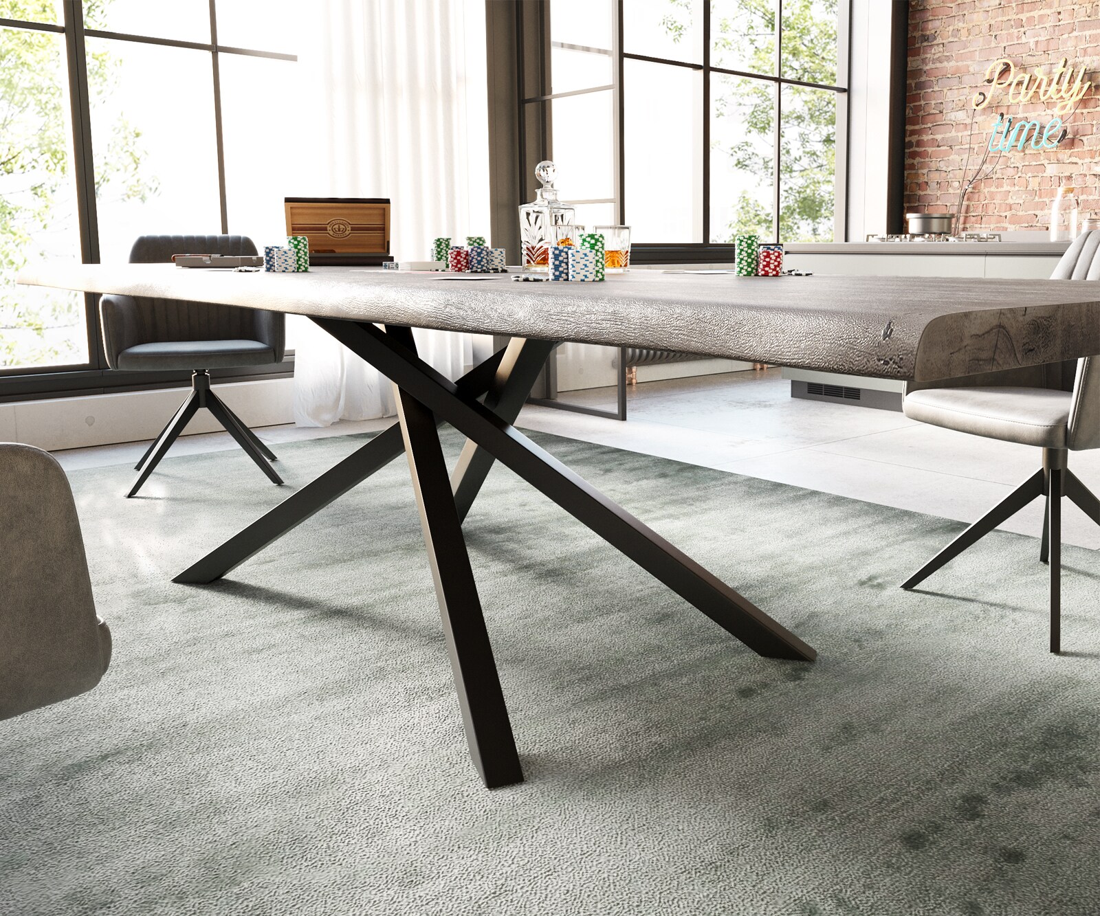 Table à manger Edge 300x100 XL acacia platine cadre croisé rectangle noir Live-Edge 4