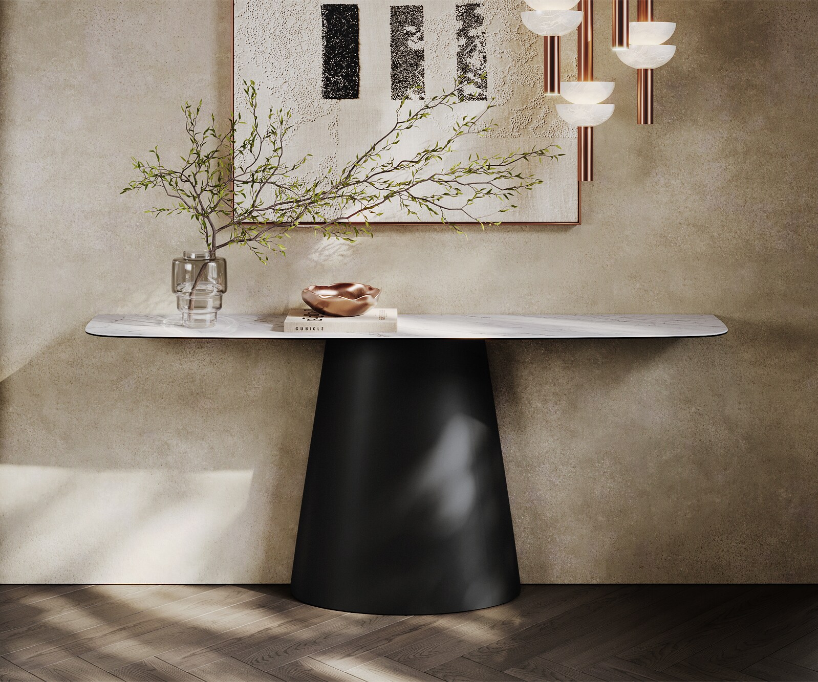 Console Edge forme bateau 180x40 cm Céramique Laminam® Statuarietto Weiß Conos Métal Noir 1