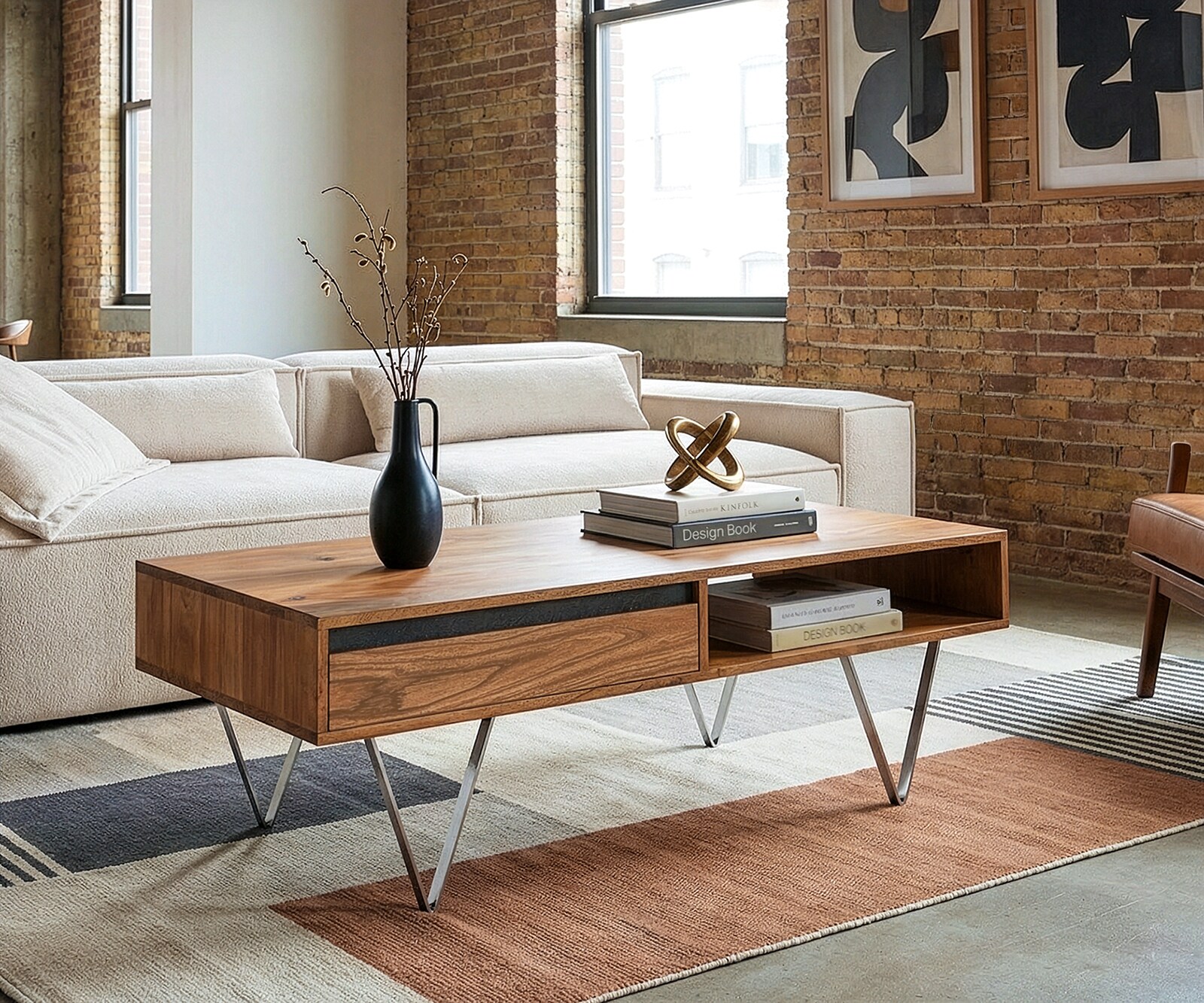 Table-basse Stonegrace 115x60x35 cm acacia naturel ardoise 2 tiroirs 1 compartiment 1