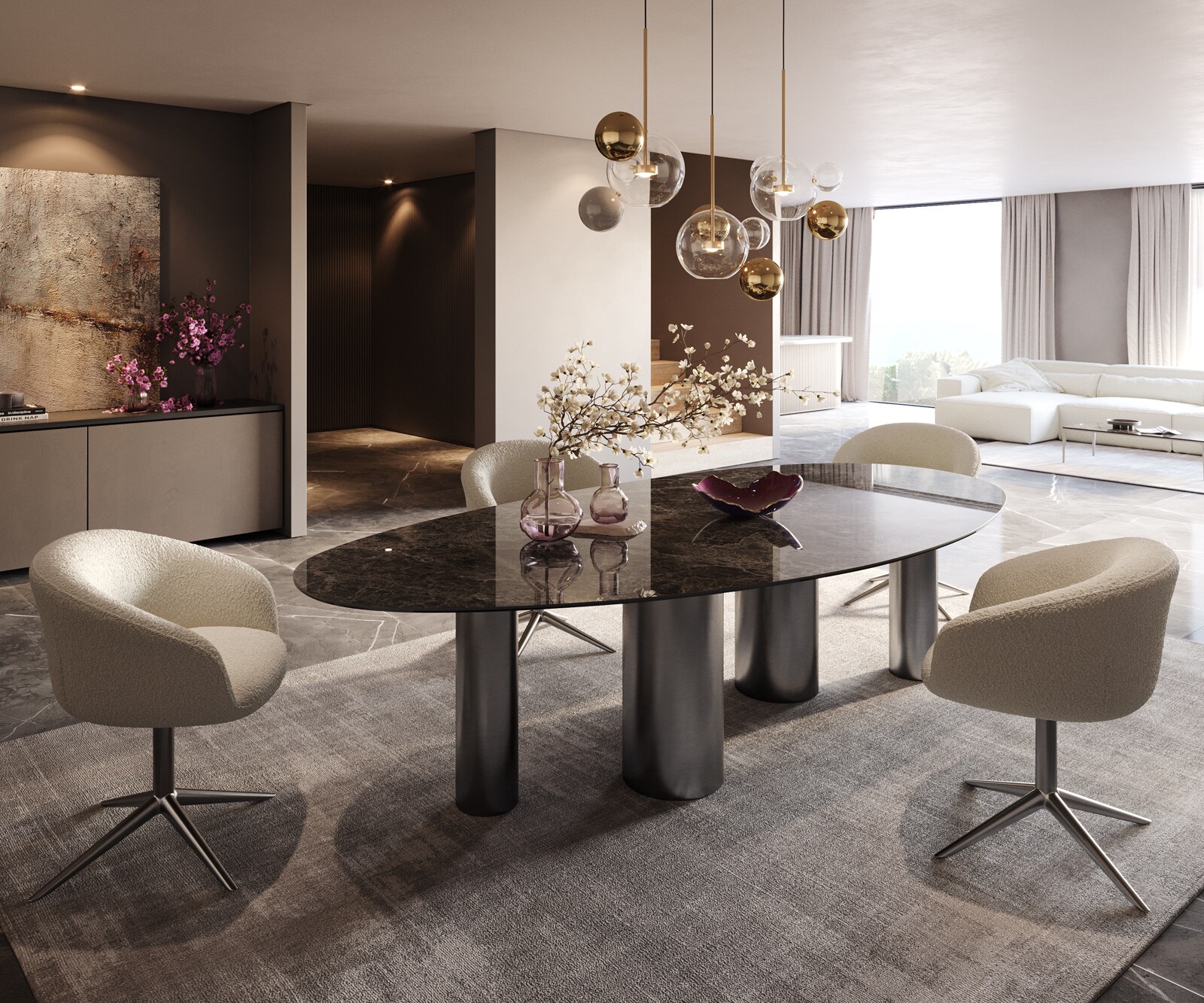 Table à manger Edge Ovale 280x130 Céramique Laminam®Emperador Extra Lucidato Marron foncé Pilier Acier inoxydable Graphite 7