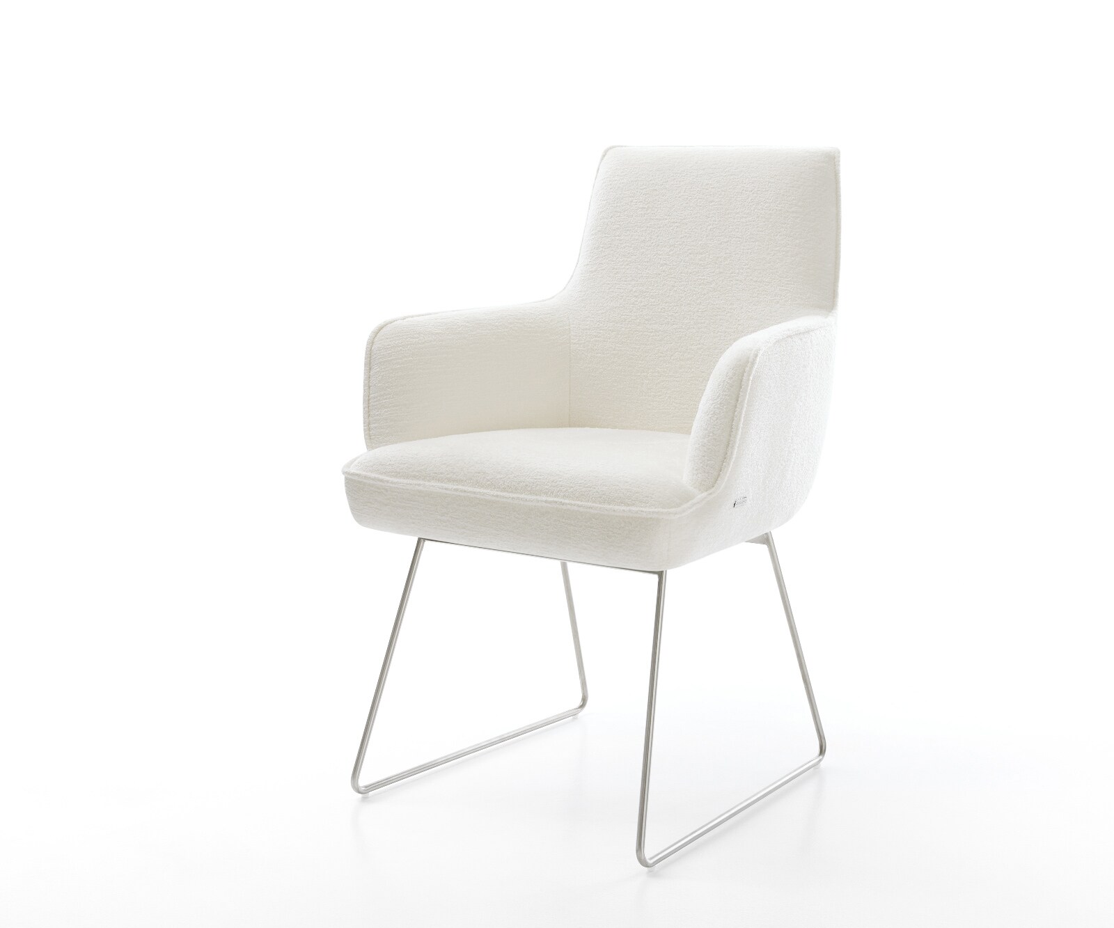 Chaise-de-salle-à-manger Heira-Flex avec accoudoirs bouclé doux beige pied trapèze acier inoxydable resorts ensachés 1