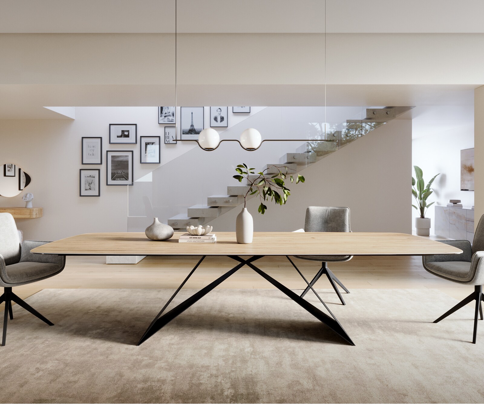 Table à manger Edge Boot 300x120 cm Céramique Laminam® Sabbia Eichefarbig piètement en V Flachstahl Noir 2