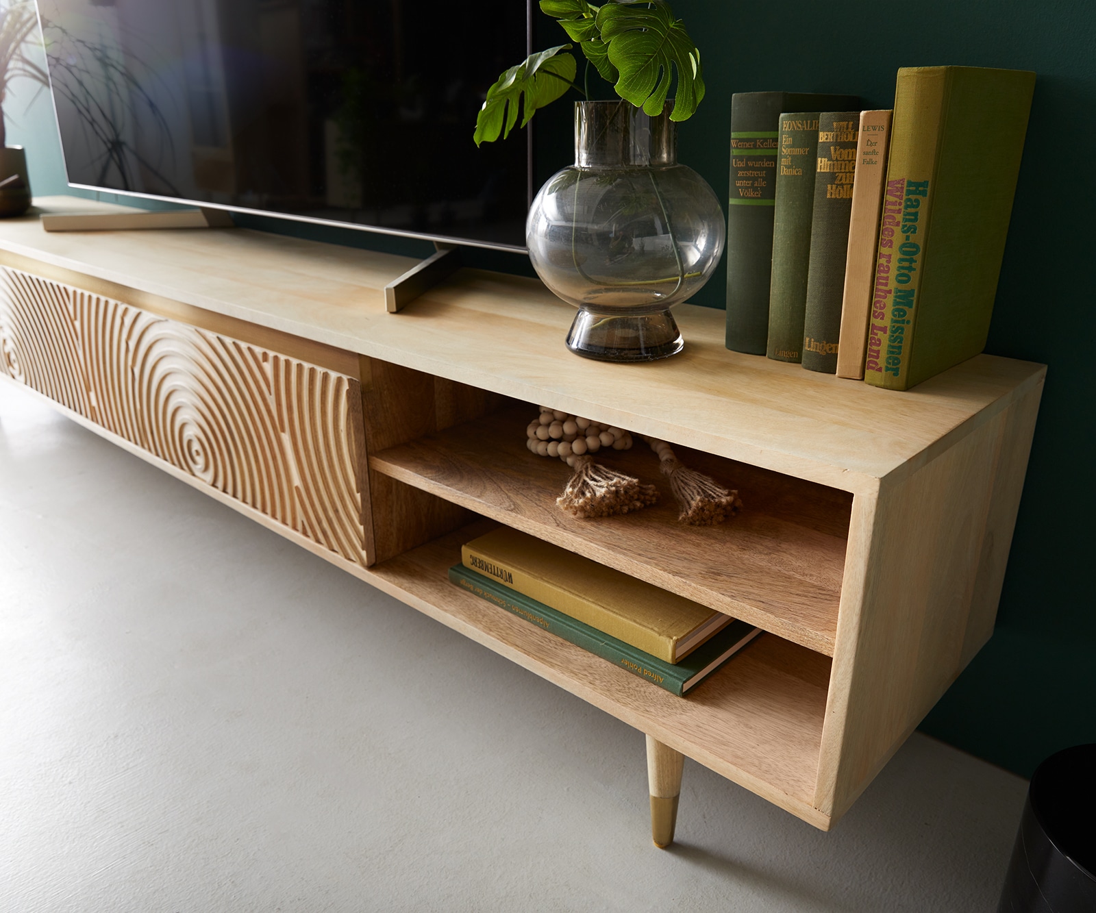 Meuble-TV Budaya 220 cm Mango naturel 3 portes pied conique 5 Meuble-TV Budaya 220 cm Mango naturel 3 portes pied conique 5