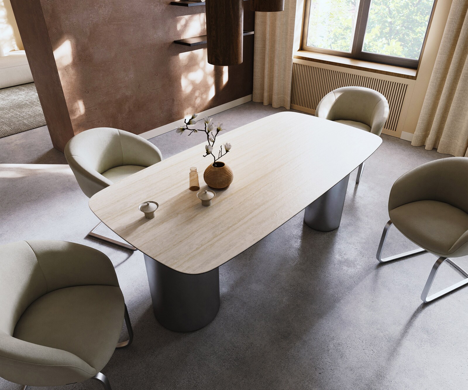 Table à manger Edge Boot 200x100 céramique Laminam® Travertino Bianco crème-blanc Troa acier inoxydable brossé