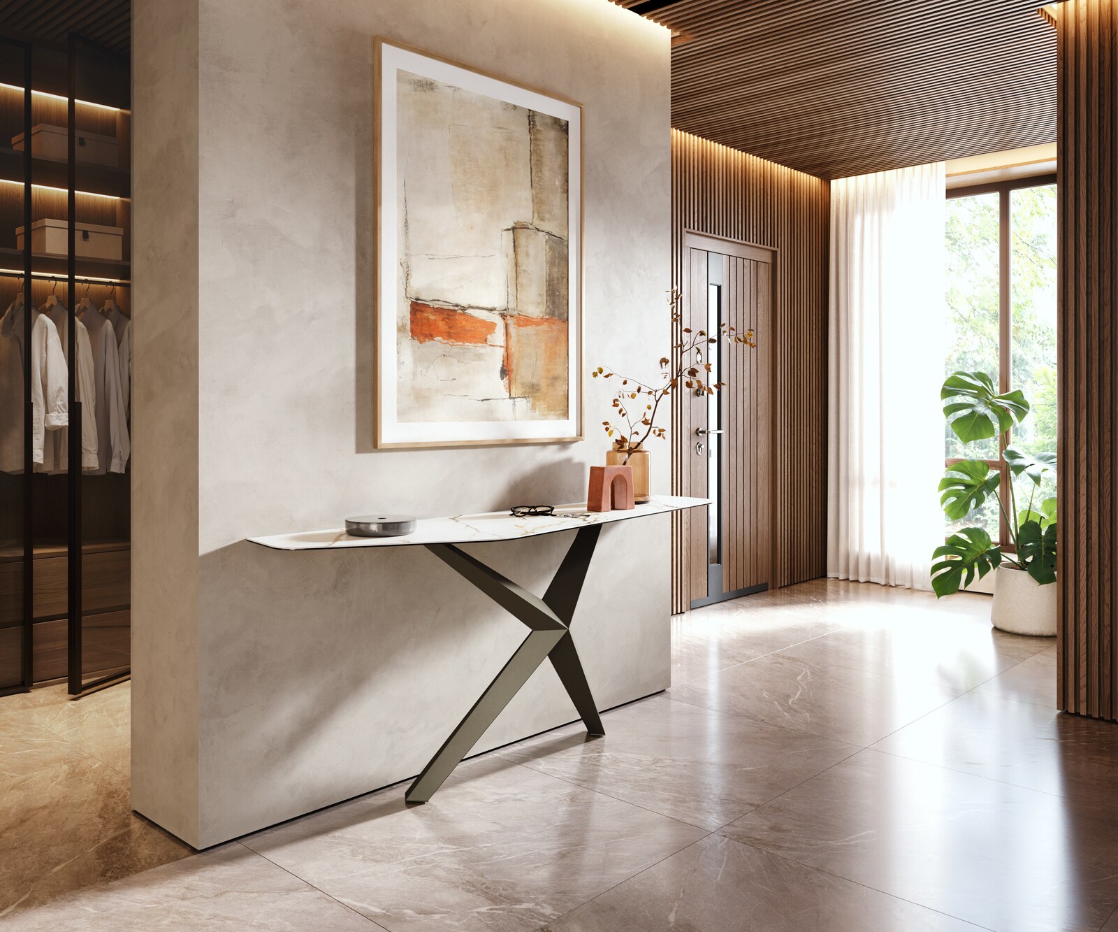 Console Edge Polygonal 180x50 cm Céramique Calacatta Luxe Weiß-Gold-Gris Zentharo Métal Effektfinish Titan 6