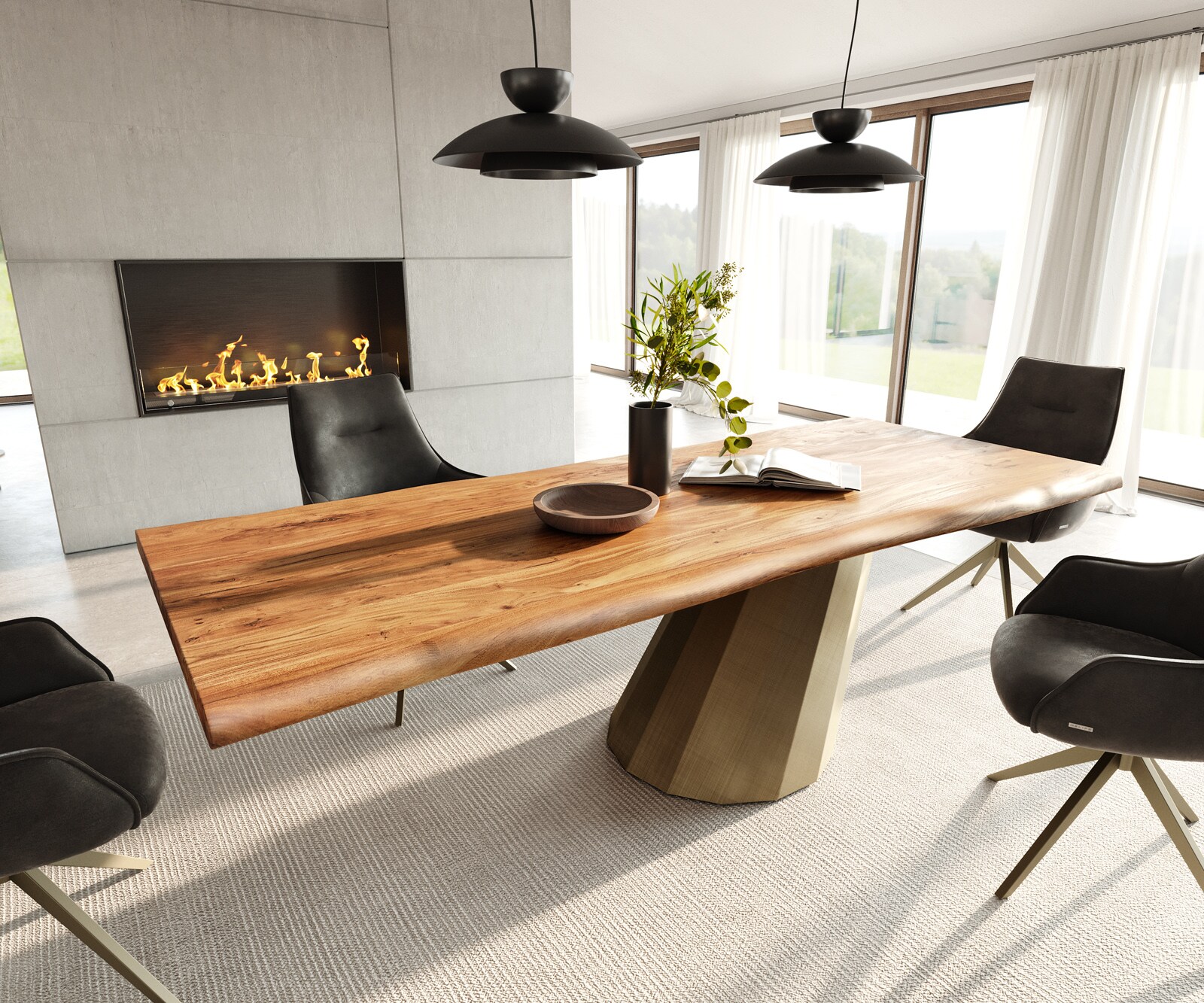 Table à manger Edge 240x100 acacia naturee parabole métallique doré Live-Edge 1
