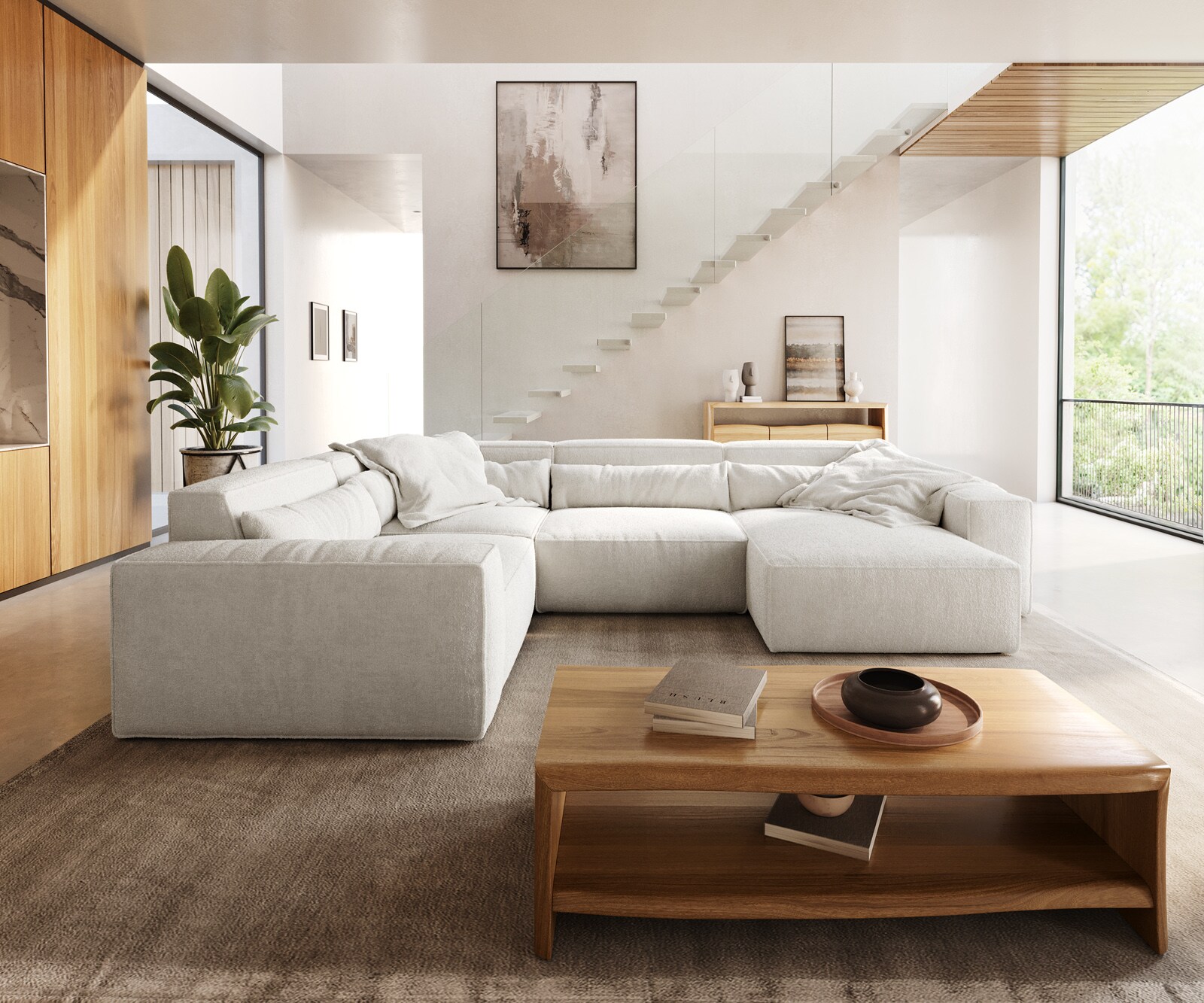 Canapé panoramique Sirpio 300x210 cm Bouclee Crème-blanc Recamiere variable 1