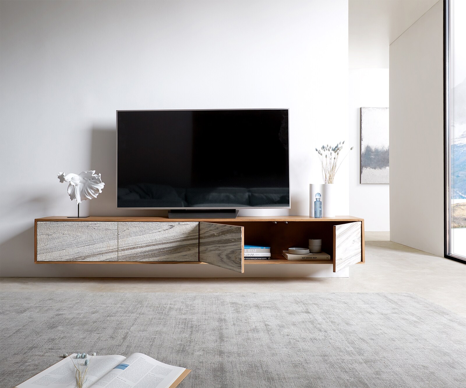Meuble-TV Kleo 220 cm acacia nature 4 portes flottantes 3
