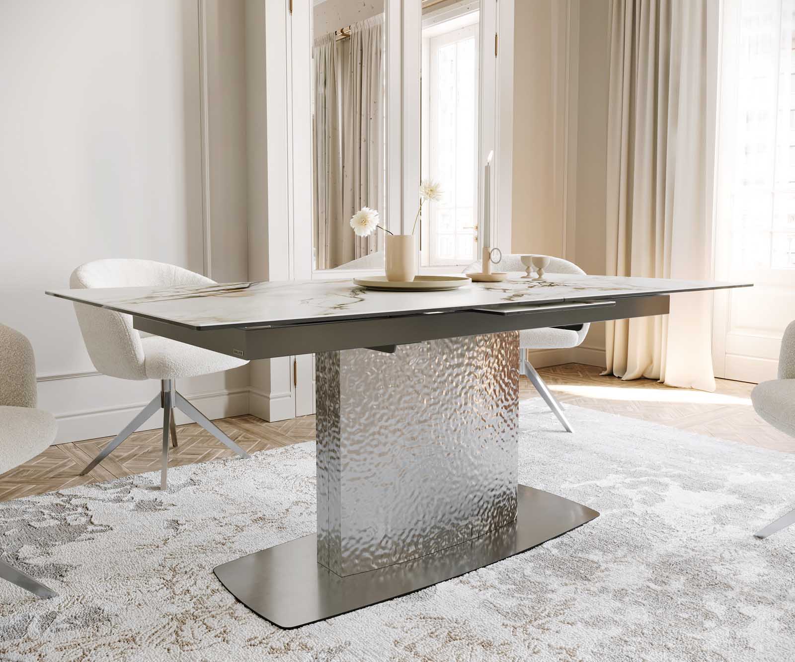 Table à manger Edge 180-220x100 céramique Calacatta Luxe blanc-doré-gris Wave acier inoxydable extensible 6