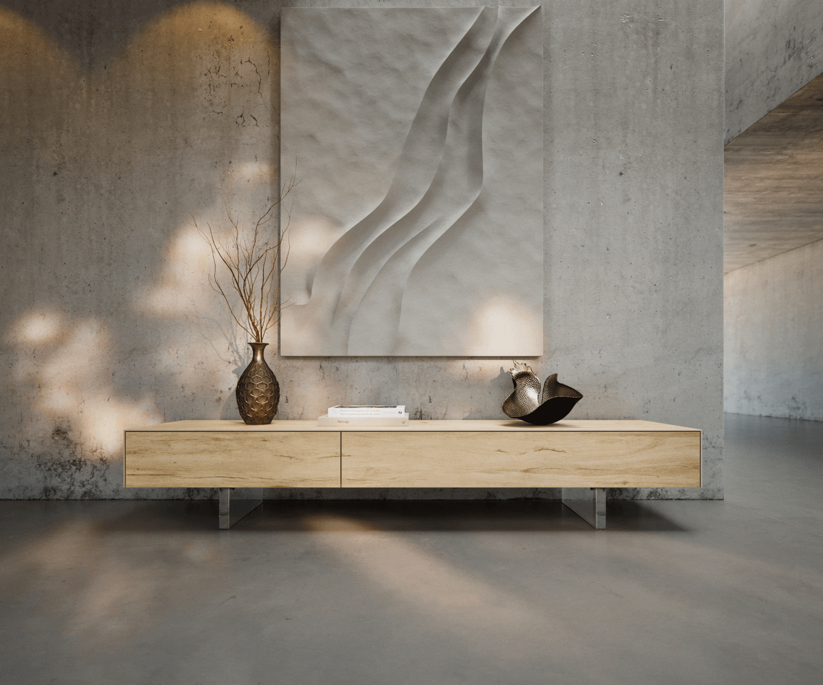 Meuble-TV Cuor 200 cm Céramique Laminam® Sabbia Teinte chêne 1 Clapet 1 Tiroir Pied optique flottant Verre acrylique 3