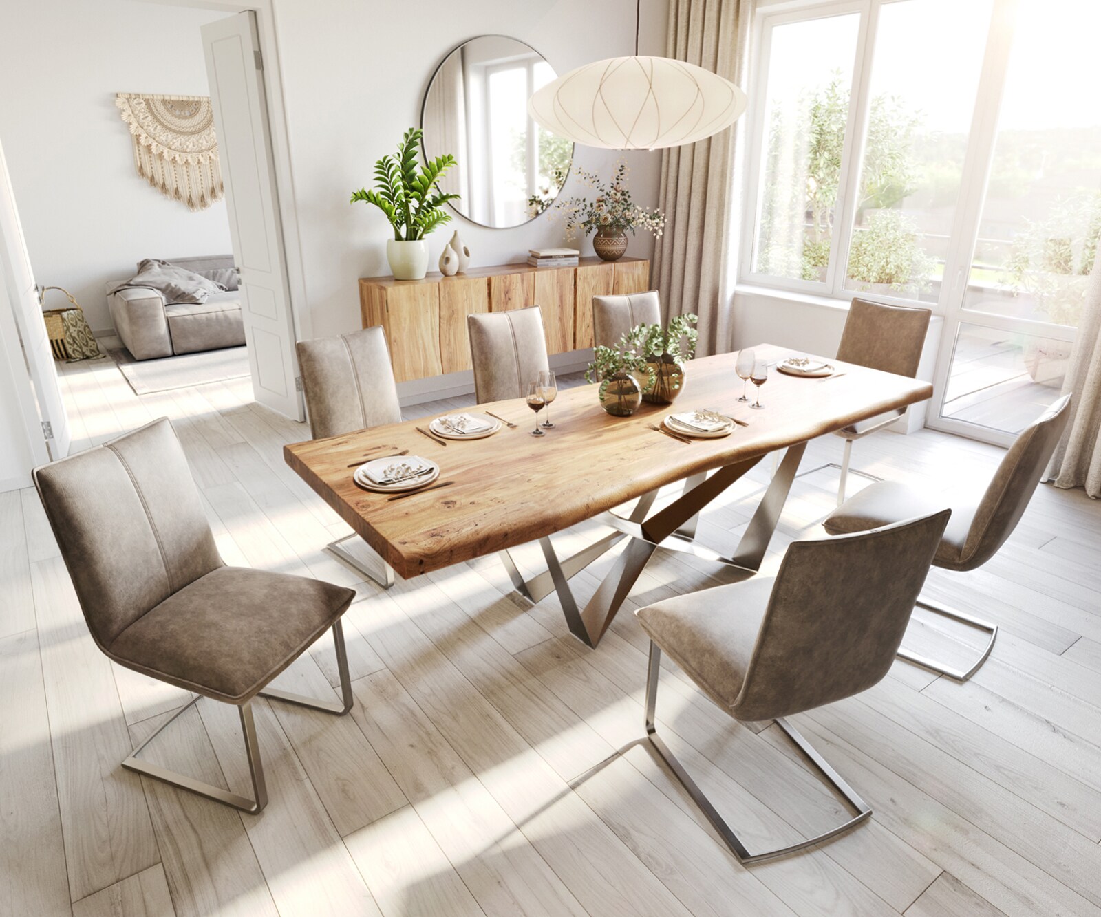 Table à manger Edge 260x100 XL acacia nature Spider acier plat acier inoxydable Live-Edge 5