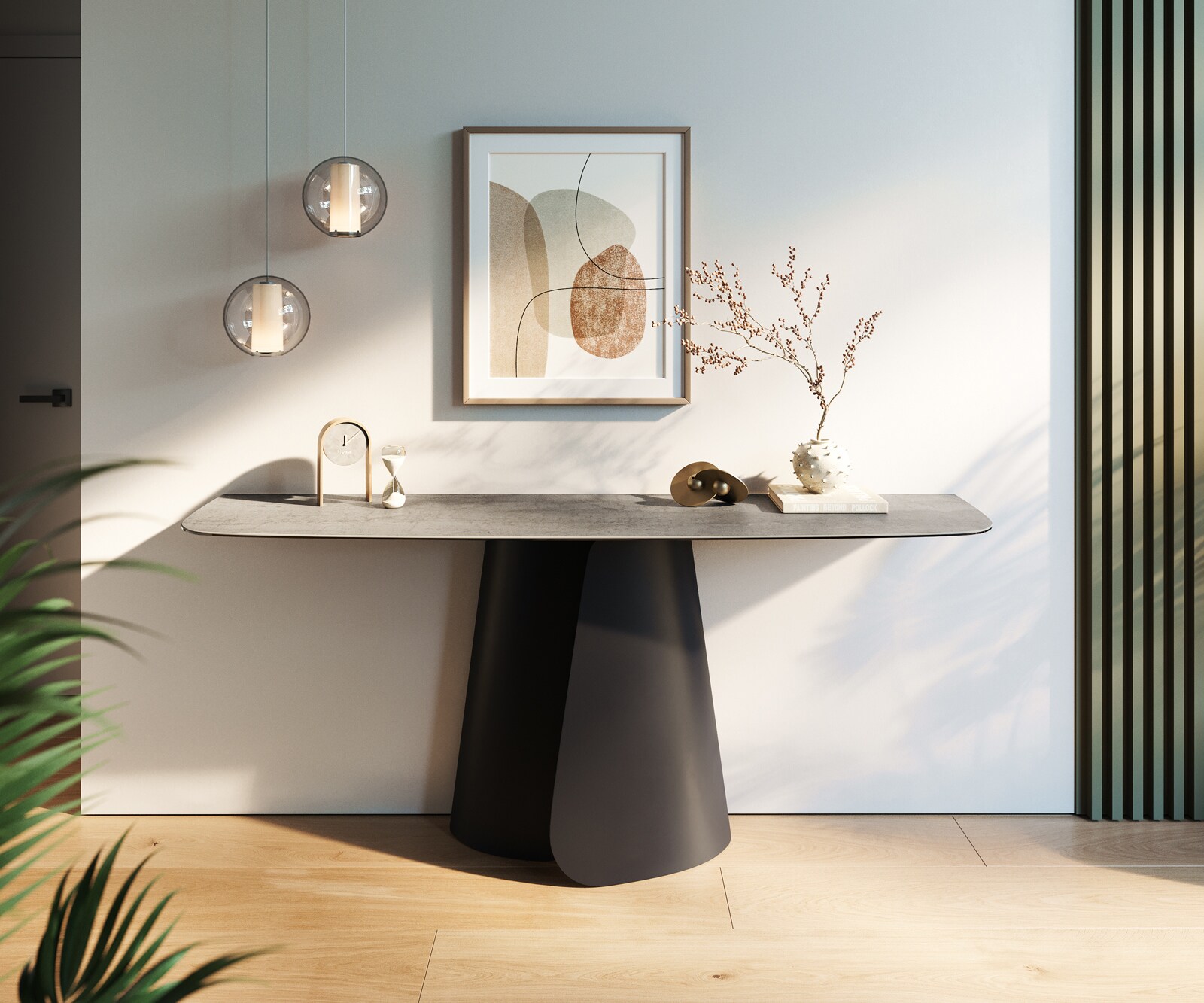 Console Edge forme bateau 180x40 cm Céramique Gris béton Livos Métal Noir 2
