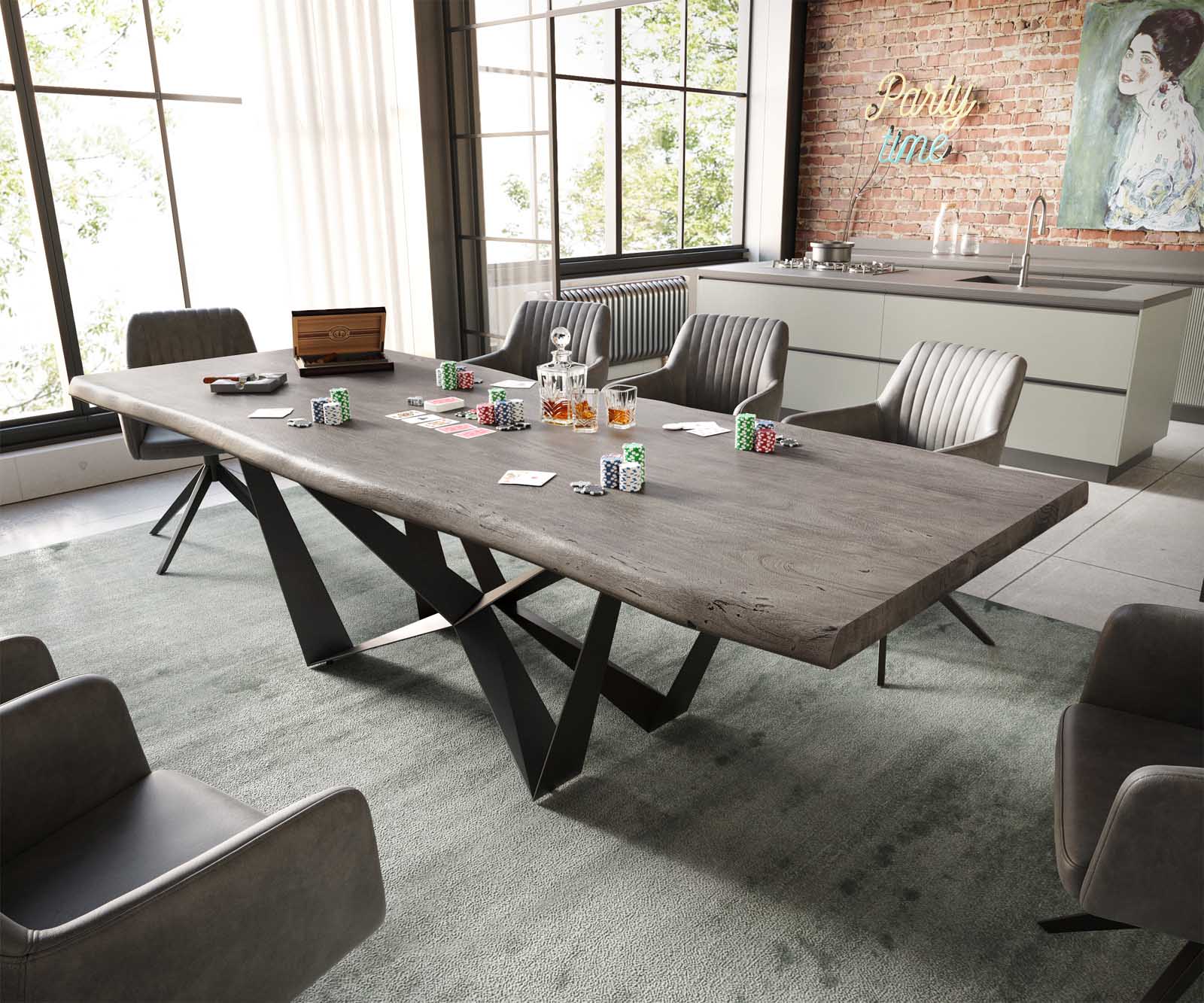 Table à manger Edge 260x100 XL acacia platine Spider acier plat noir Live-Edge