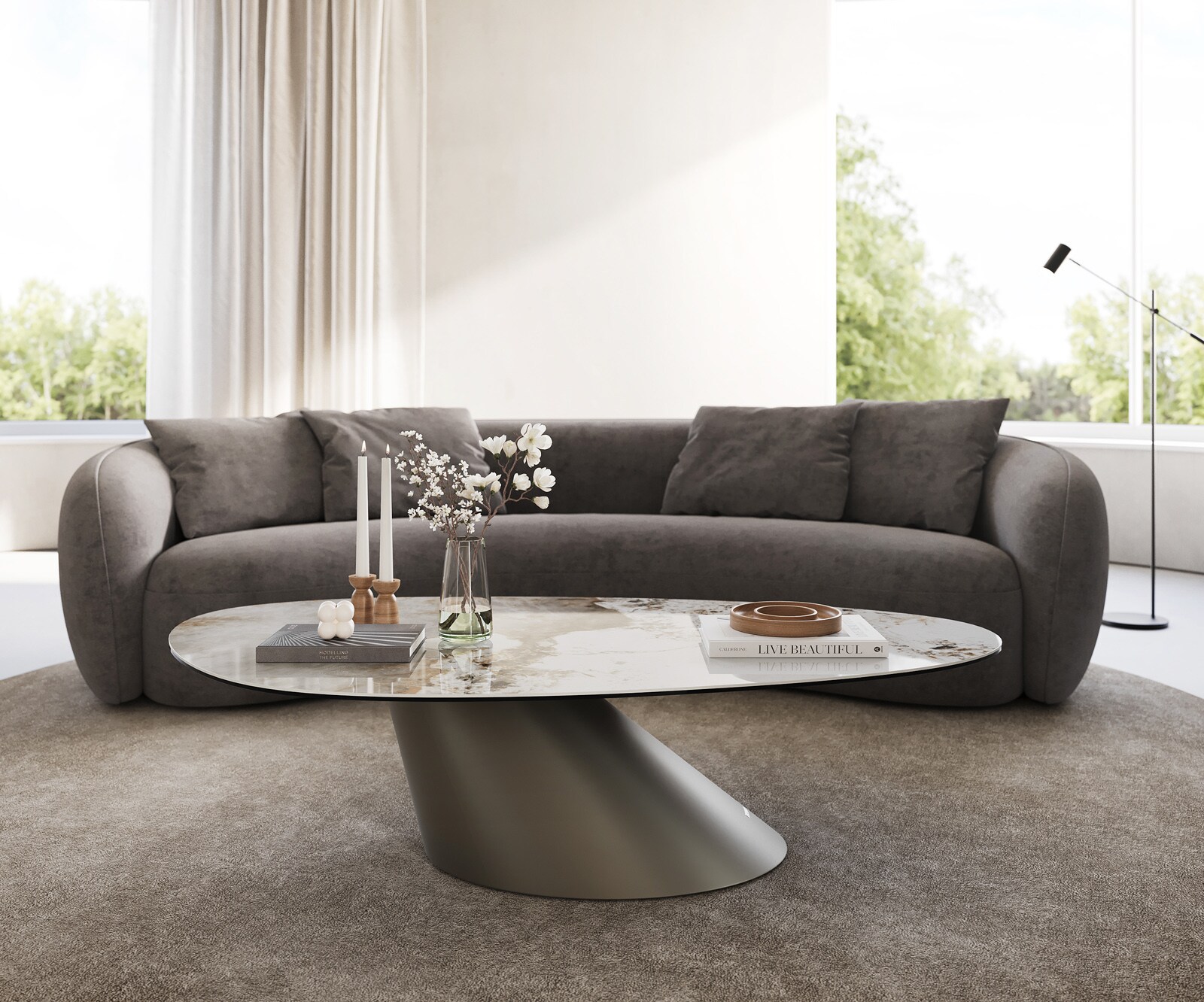 Table basse Edge Oval 140x75 cm céramique Minas Melange Conis Metall finition effet titane 2