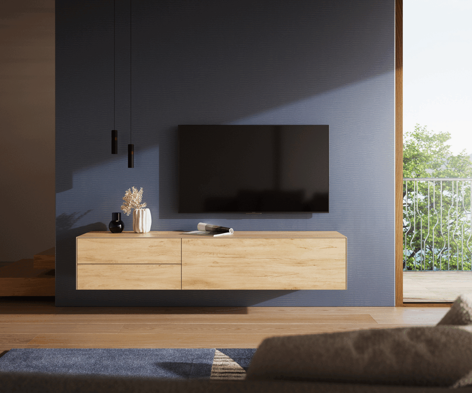 Meuble-TV Cuor 180 cm Céramique Laminam® Sabbia Teinte chêne 1 Clapet 2 Tiroirs Flottant 2