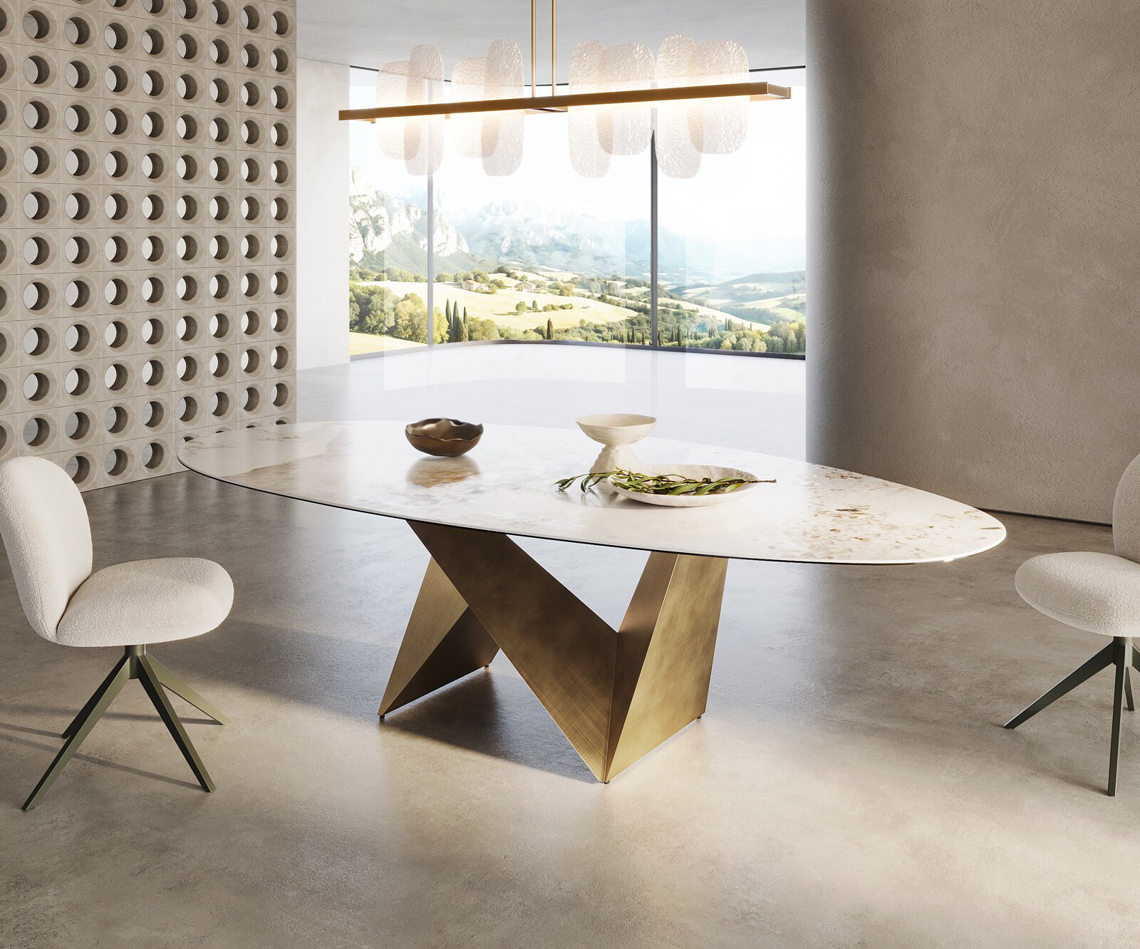 Table à manger Edge ovalee 280x130 céramique Minas mélange blanc-beige Origami métallique doré 4