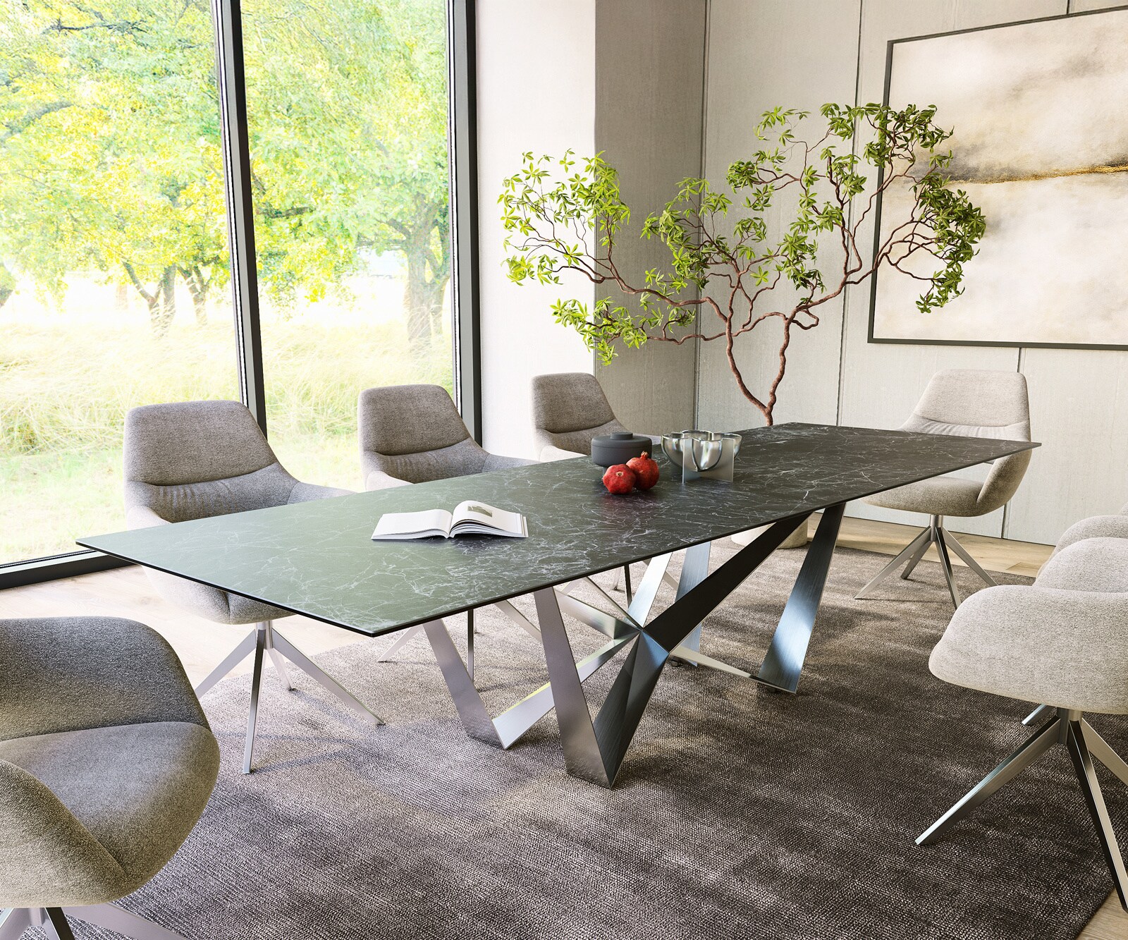 Table-à-manger Edge 300x100cm Laminam® céramique gris pieds milieu acier plat argent