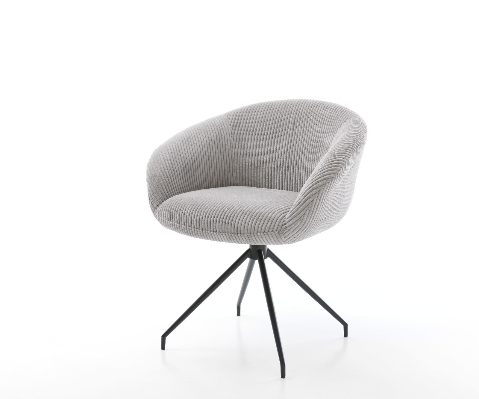 Chaise-pivotante Vinka-Flex avec accoudoirs côtelé gris argenté pied croisé conique noir pivotement sur 180° ressorts ensachés