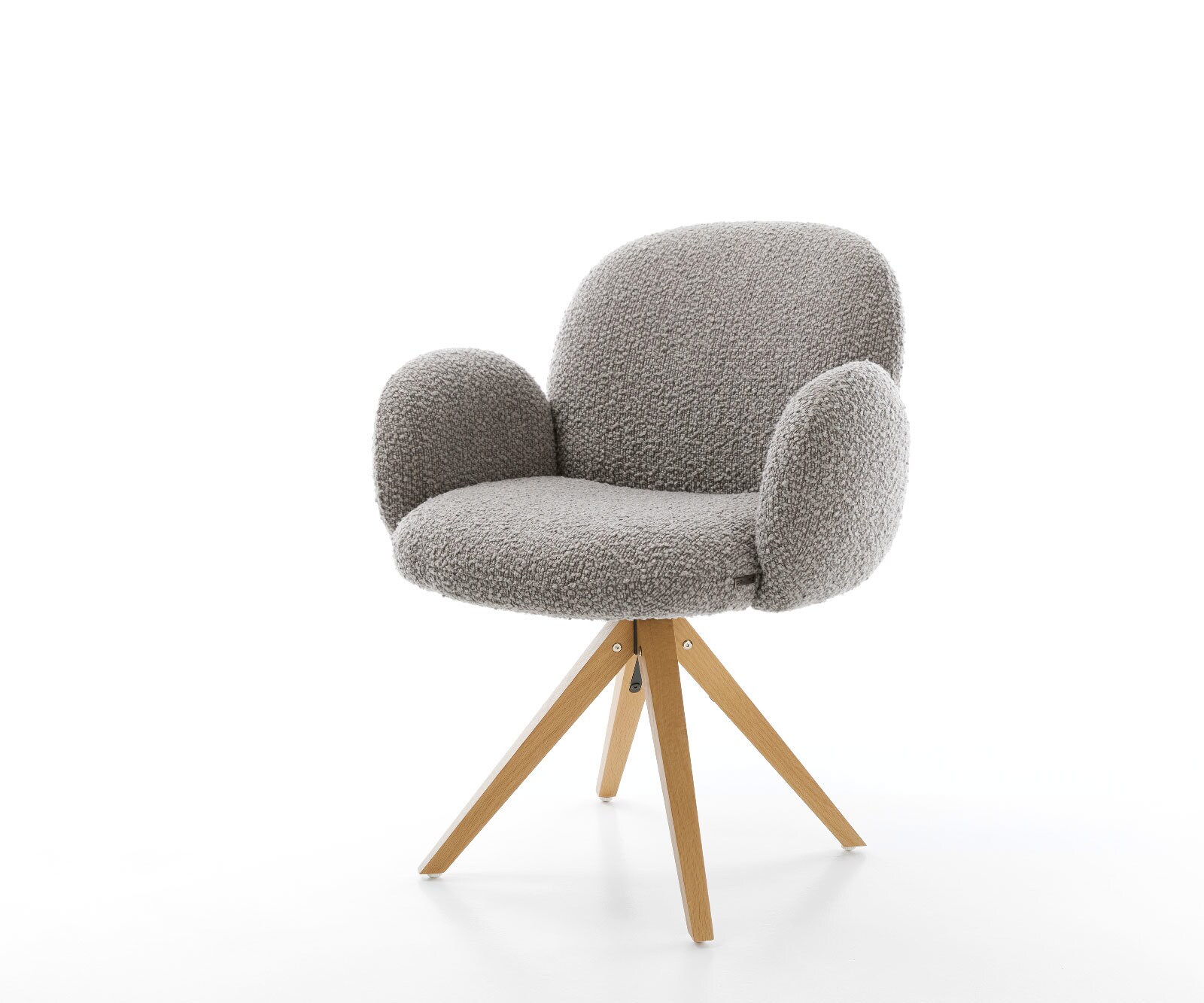 Chaise-pivotante Nube-Flex avec accoudoirs bouclé gris argenté pied en bois angulaire naturel pivotement sur 180° ressorts ensachés
