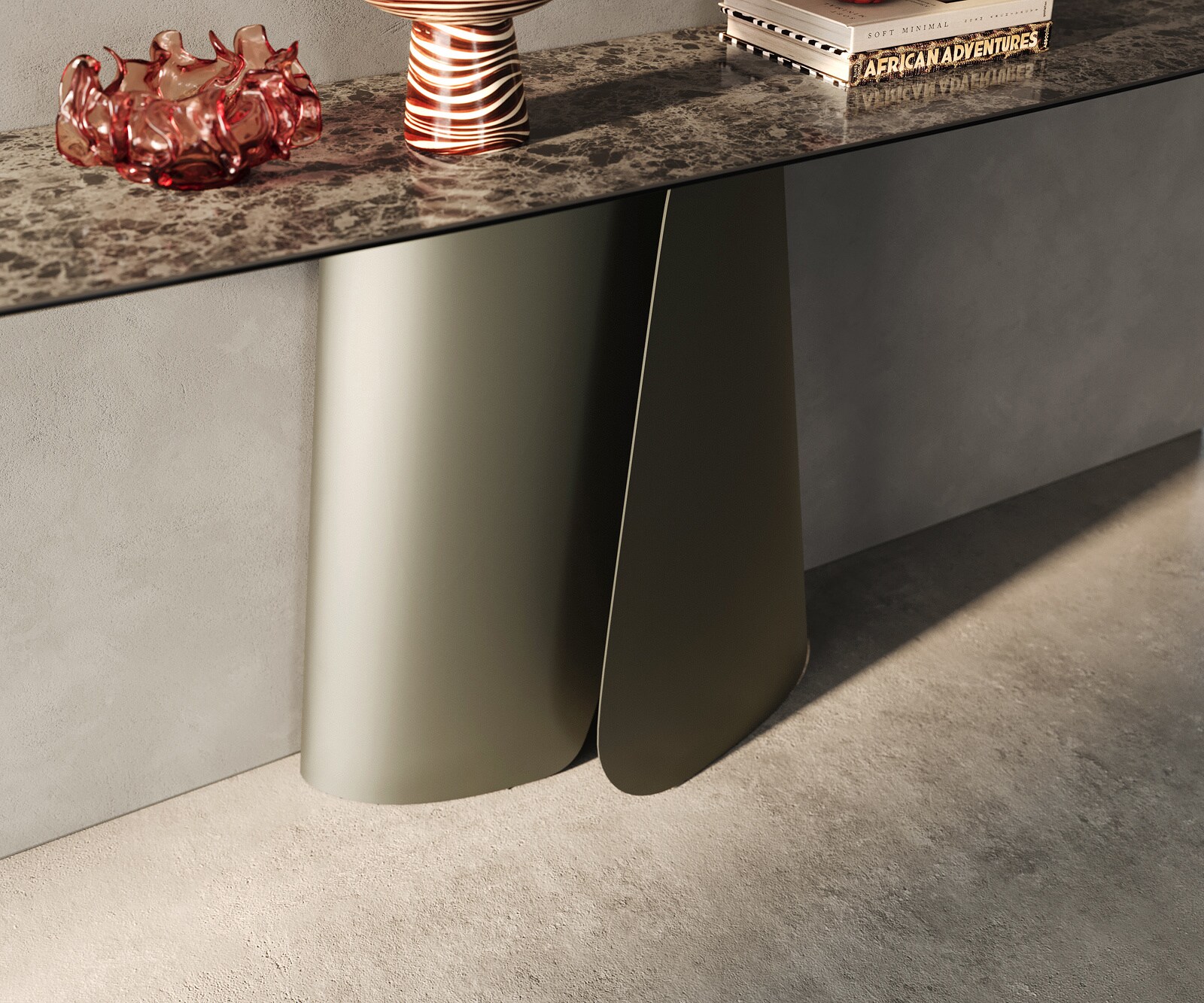 Console Edge forme bateau 180x40 cm Céramique Emperador Extra Lucidato Dunkelbraun Livos Métal Effektfinish Titan 6