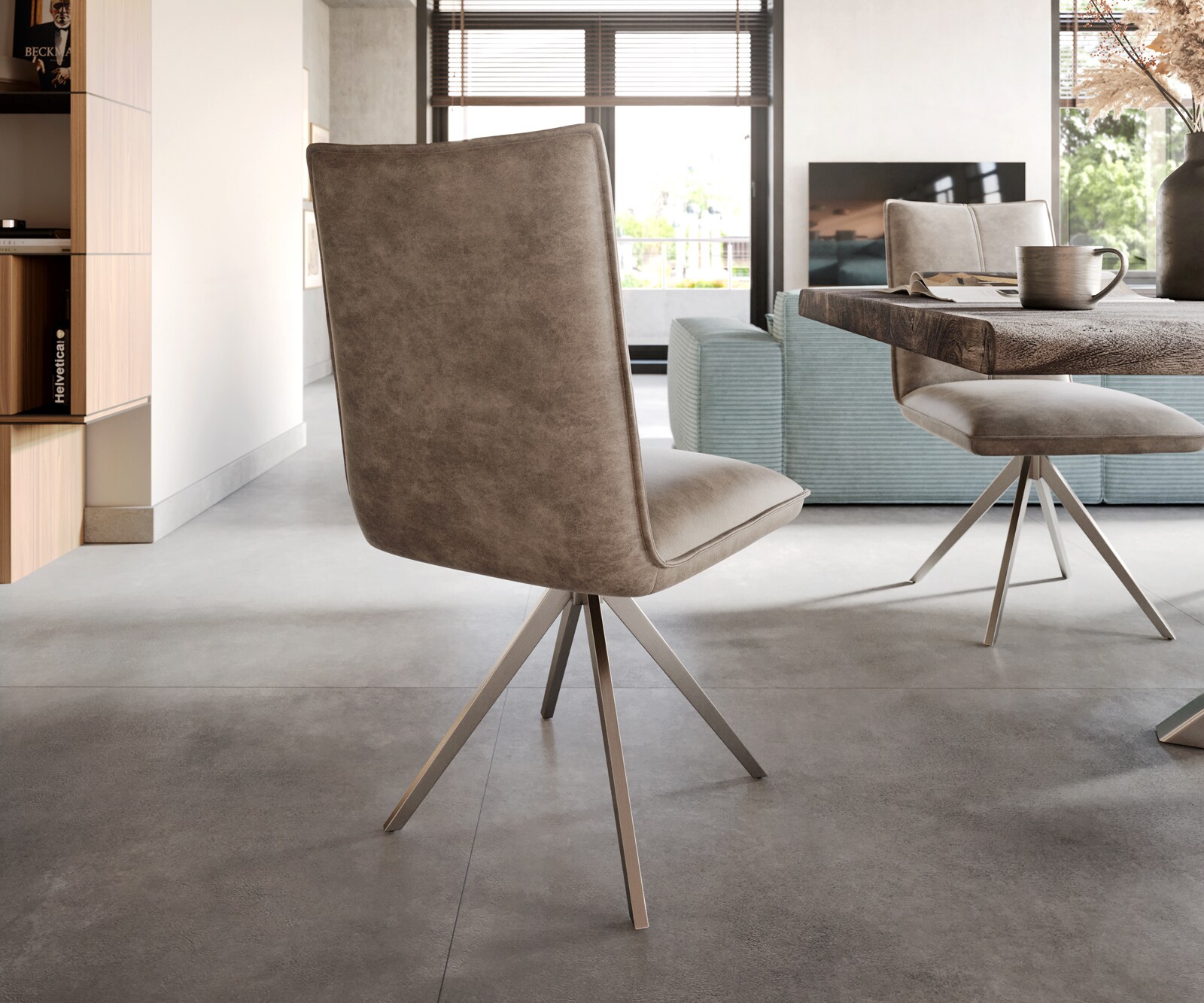 Chaise-de-salle-à-manger Lelio-Flex microvelours taupe vintage pied croisé large acier inoxydable brossé ressorts ensachés 4