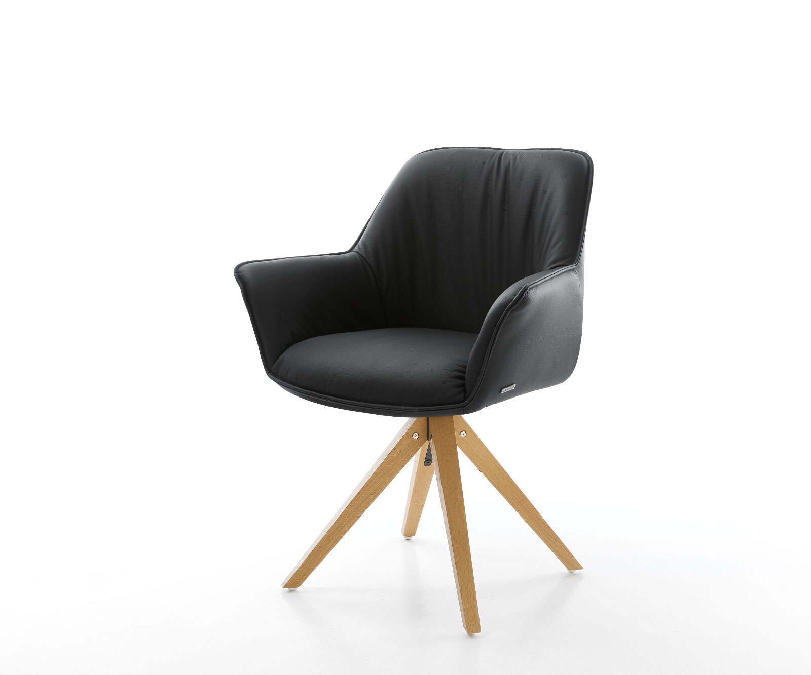 Chaise-de-salle-à-manger Keila-Flex avec accoudoirs cuir de vache noir pied en bois angulaire naturel