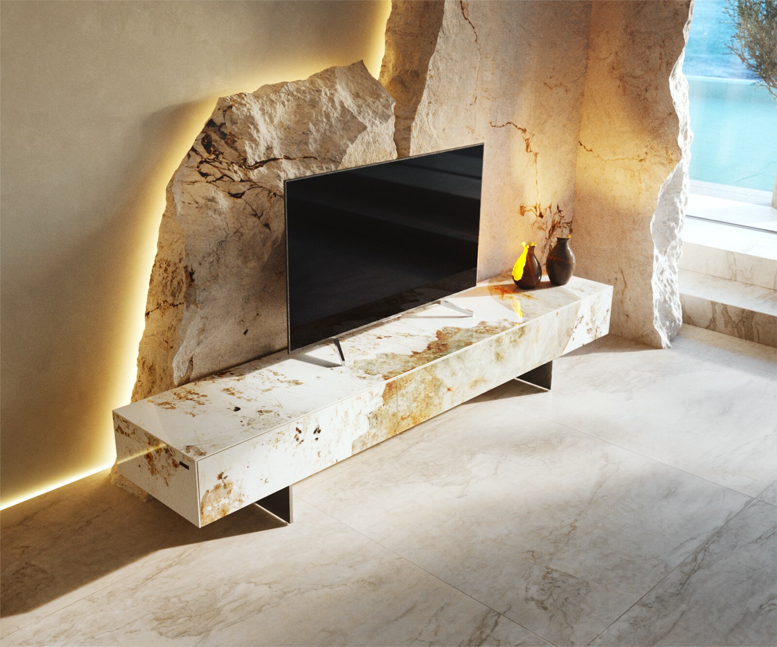 Meuble-TV Cuor 200 cm Céramique Minas Melange Blanc-beige 1 Clapet 1 Tiroir Pied optique flottant Ancier inoxydable 3