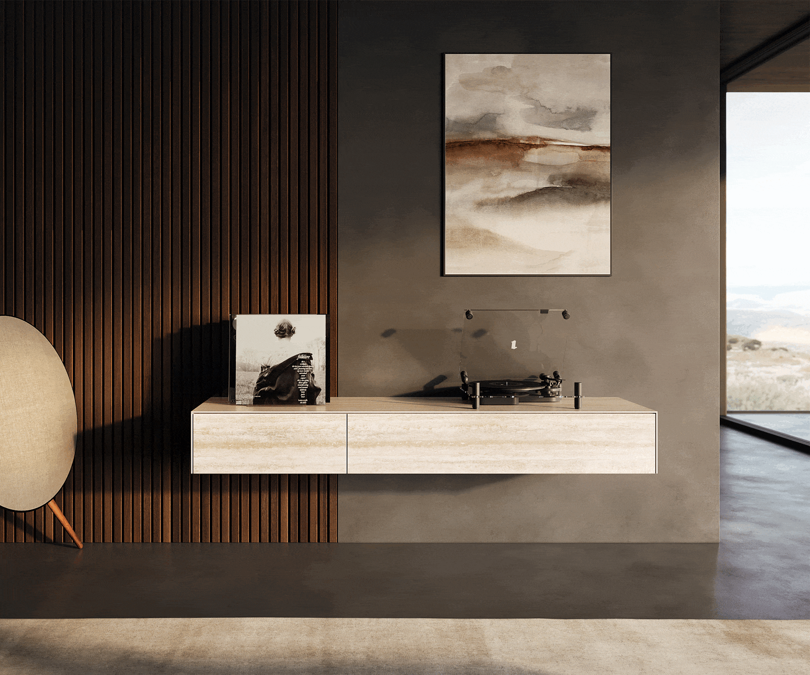 Meuble-TV Cuor 150 cm Céramique Laminam® Travertino Bianco Crème-blanc 1 Clapet 1 Tiroir Flottant 1