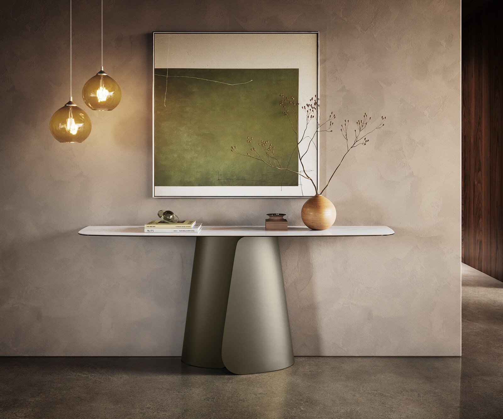 Console Edge forme bateau 180x40 cm Céramique Onyx Pearl Livos Métal Effektfinish Titan 1