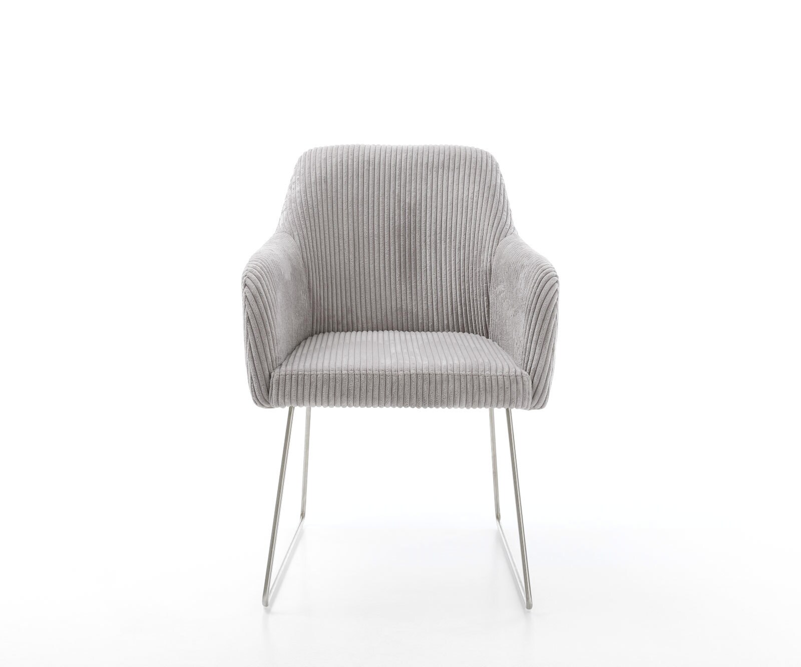 Chaise-de-salle-à-manger Greg-Flex côtelé gris argenté pied trapèze acier inoxydable brossé ressorts ensachés 1 Chaise-de-salle-à-manger Greg-Flex côtelé gris argenté pied trapèze acier inoxydable brossé ressorts ensachés 1