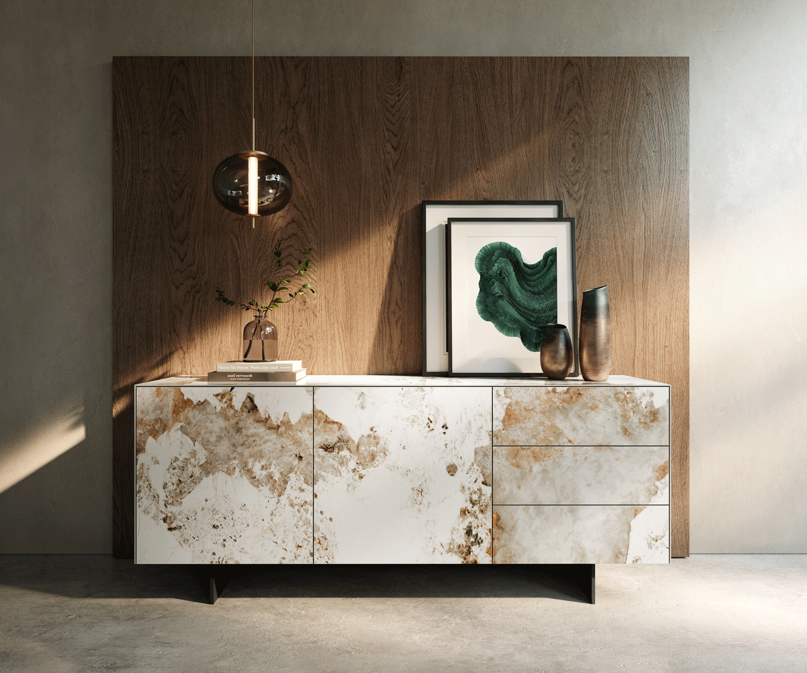 Buffet Cuor 180 cm Céramique Minas Melange Blanc-beige 2 Portes 3 Tiroirs Pied optique flottant Métal Noir 1