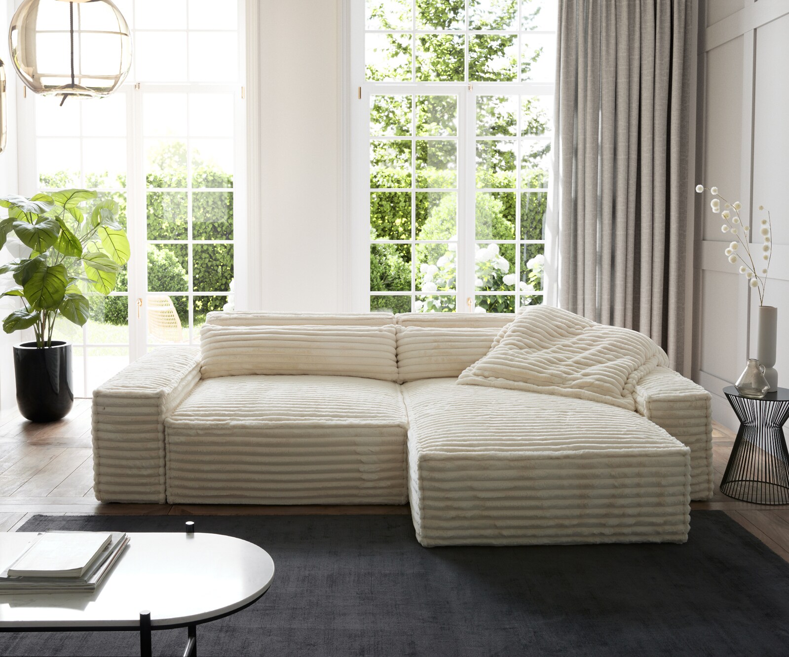 Canapé d'angle Sirpio XL 270x170 cm velours côtelé Beige Recamière variable 1
