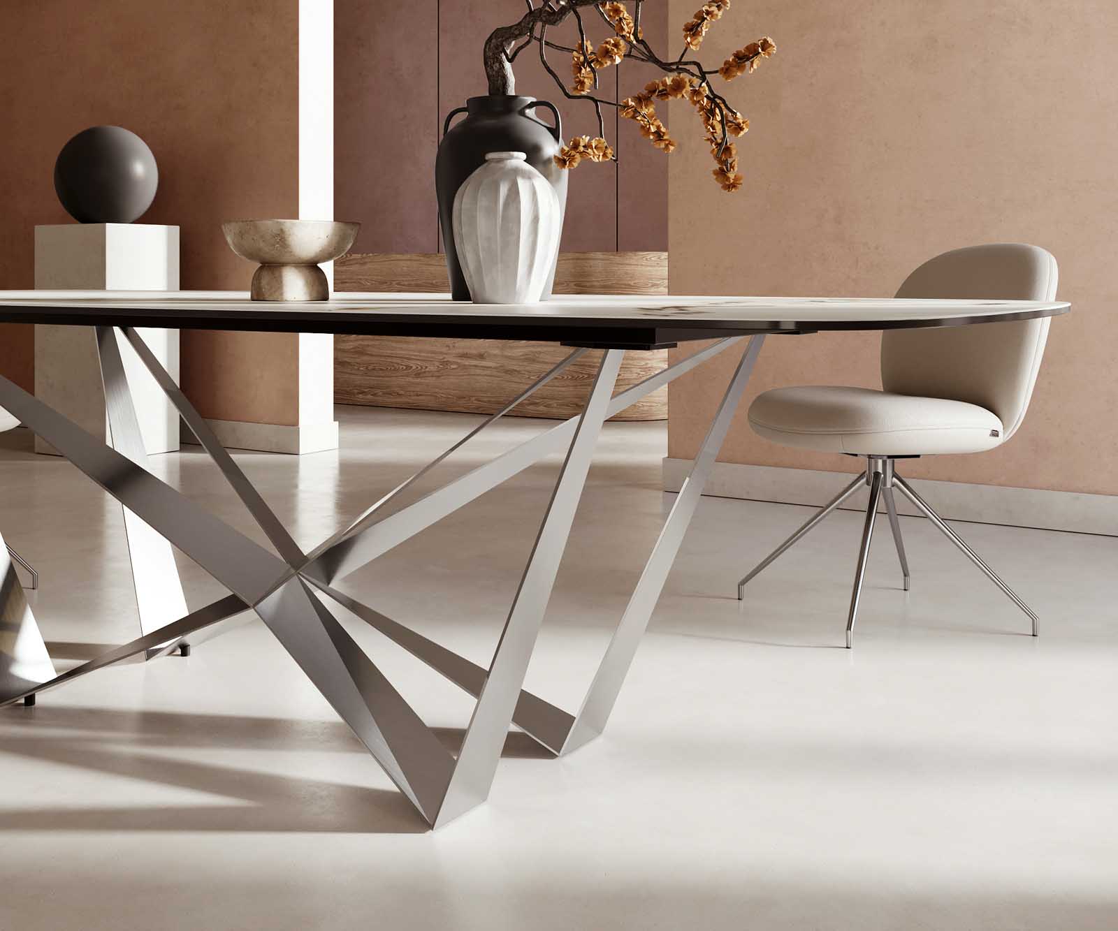 Table à manger Edge en forme de bateau 240x120 céramique Calacatta Luxe blanc-doré-gris Spider acier plat acier inoxydable 6