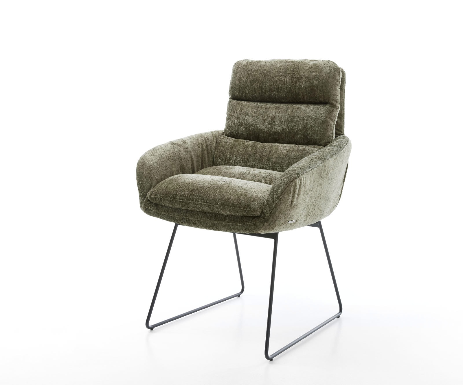 Chaise-de-salle-à-manger Abelia-Flex avec accoudoirs chenille olive pied trapèze noir Chaise-de-salle-à-manger Abelia-Flex avec accoudoirs chenille olive pied trapèze noir