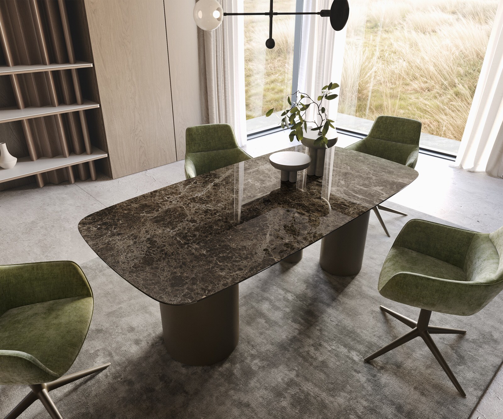Table de salle à manger Edge Boot Céramique Emperador Extra Lucidato Brun foncé 200x100 Troa Métal finition effet Titane 1