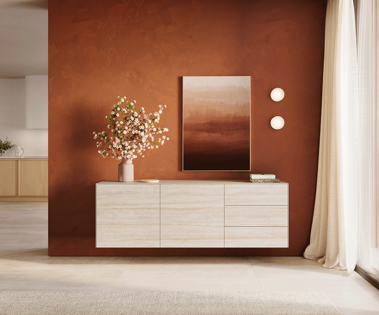 Buffet Cuor 180 cm Céramique Laminam® Travertino Bianco Crème-blanc 2 Portes 3 Tiroirs Flottant 1