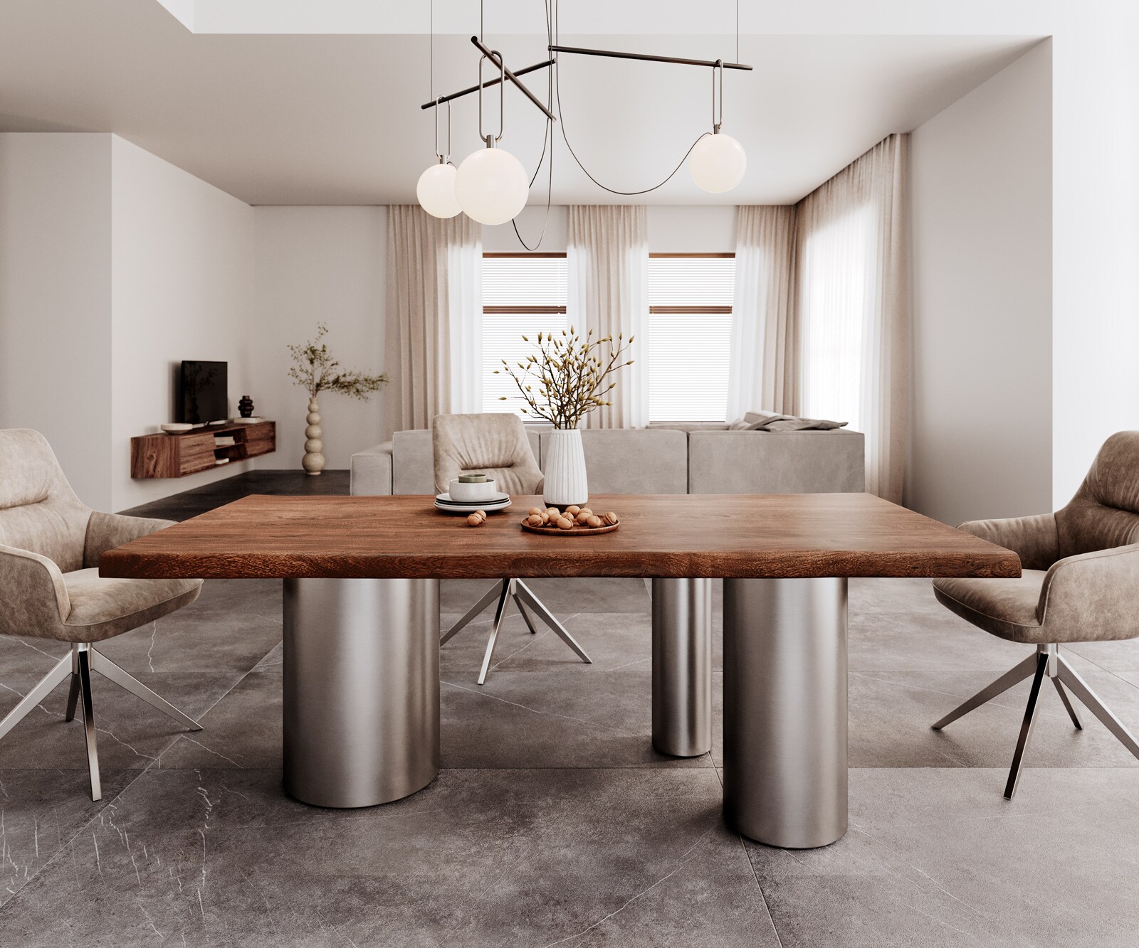 Table à manger Edge 200x100 XL acacia marron Troa acier inoxydable brossé Live-Edge 1