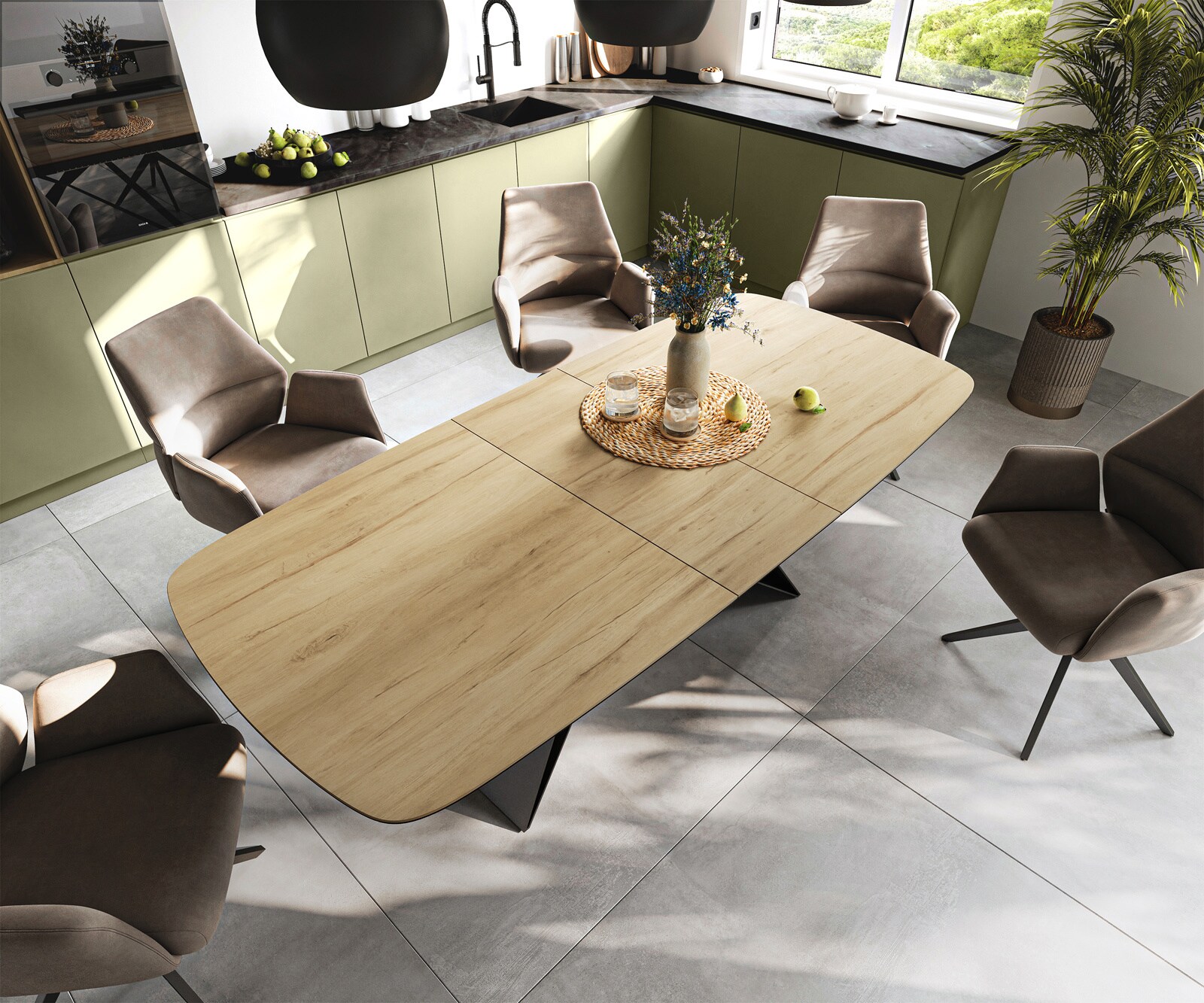 Table à manger Edge Boot 180-220x100 cm Céramique Laminam® Sabbia Eichefarbig piètement en V Flachstahl Noir extensible 4