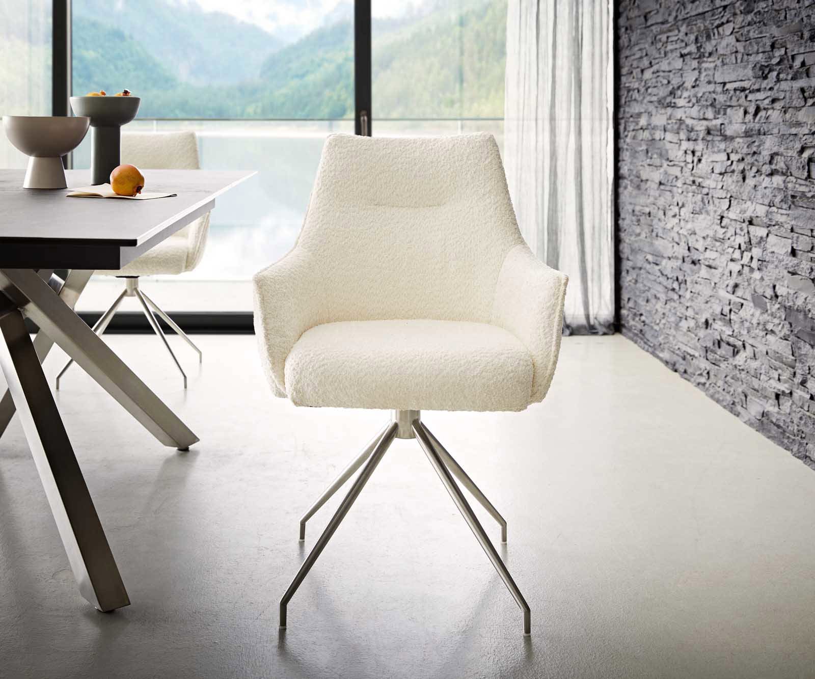 Chaise-pivotante Alja-Flex avec accoudoirs bouclé blanc pied croisé conique acier inoxydable brossé pivotement sur 180° ressorts ensachés 1 Chaise-pivotante Alja-Flex avec accoudoirs bouclé blanc pied croisé conique acier inoxydable brossé pivotement sur 180° ressorts ensachés 1