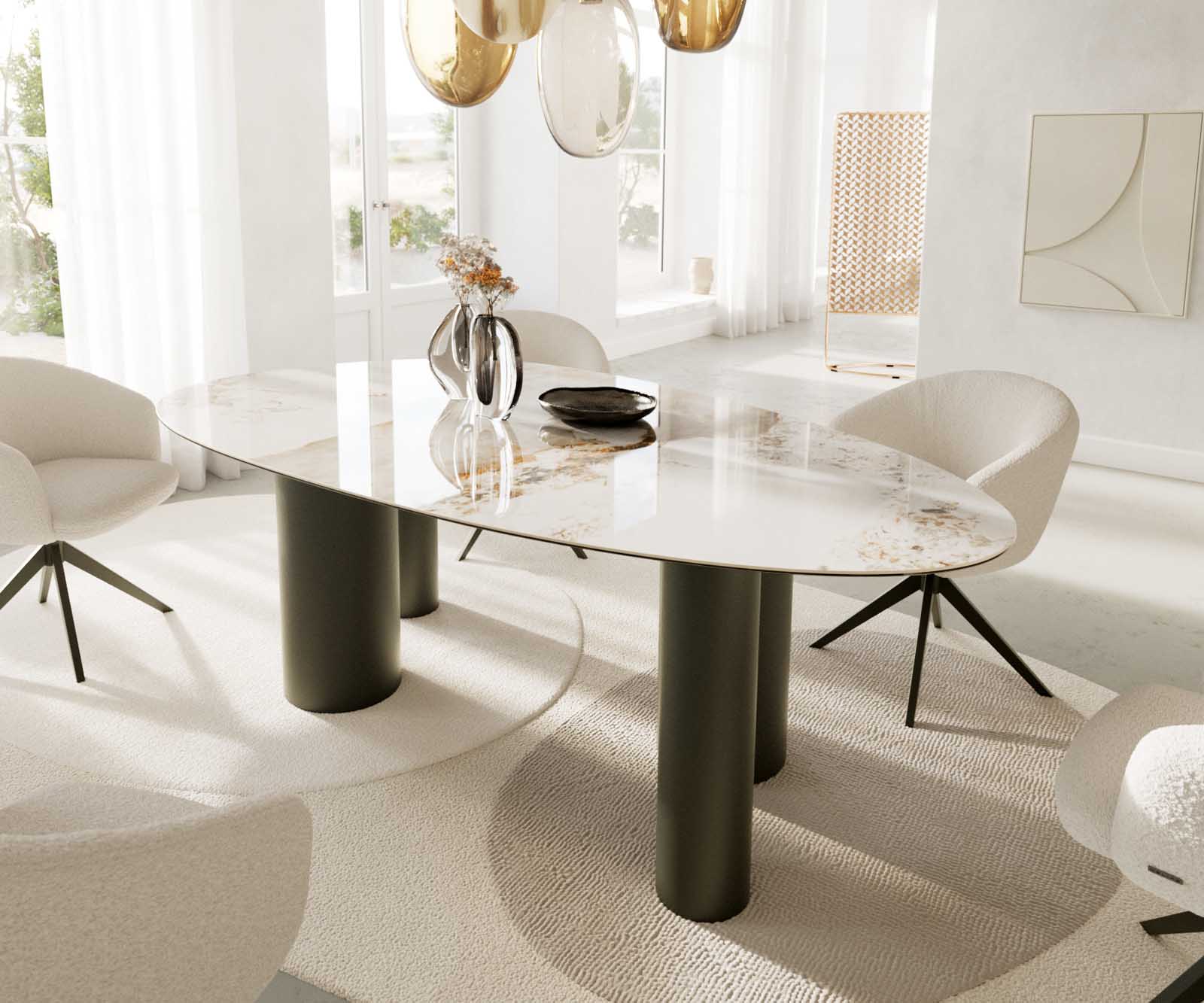 Table à manger Edge Oval 220x120 Céramique Minas Melange Blanc-Beige Pilier Métal Effet Titane 6