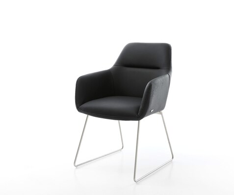 Chaise-de-salle-à-manger Pejo-Flex cuir de vache noir pied trapèze acier inoxydable brossé ressorts ensachés
