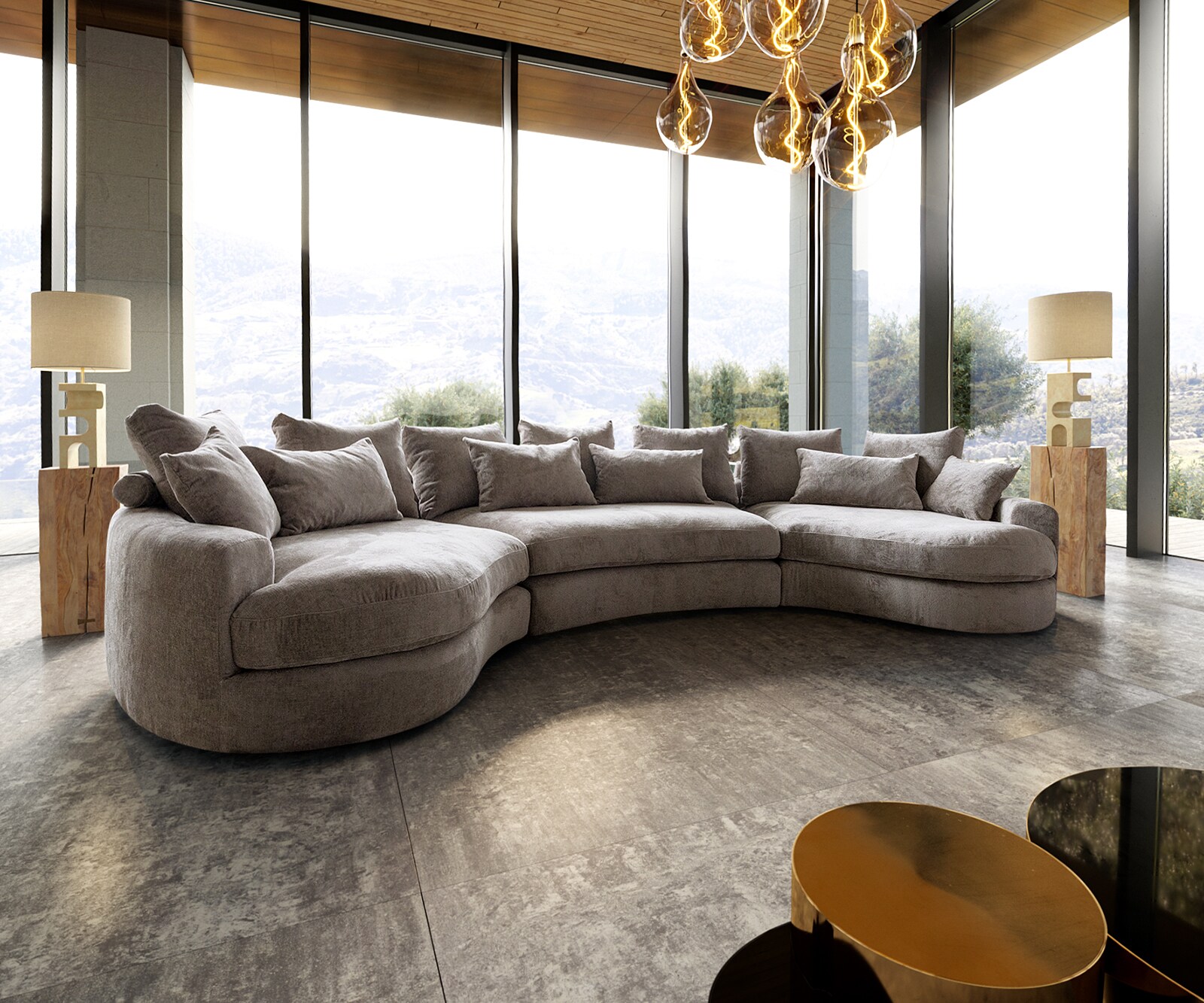 canapé panoramique Estrea couleur taupe 410x155 cm arrondi 1