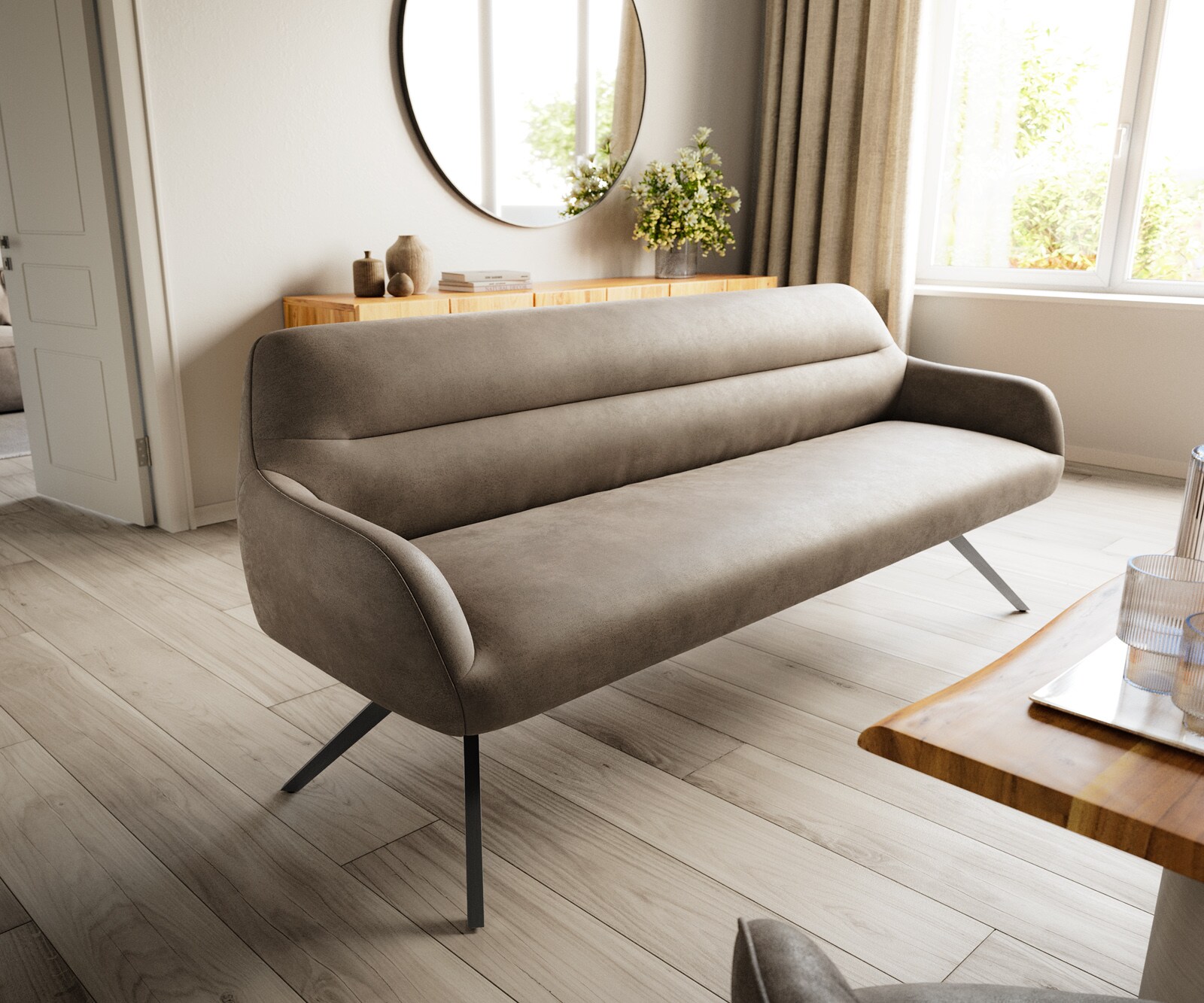 Banc-de-salle-à-manger Taya-Flex 200 cm microfibre taupe vintage pied croisé angulaire grafiete ressort ensaché