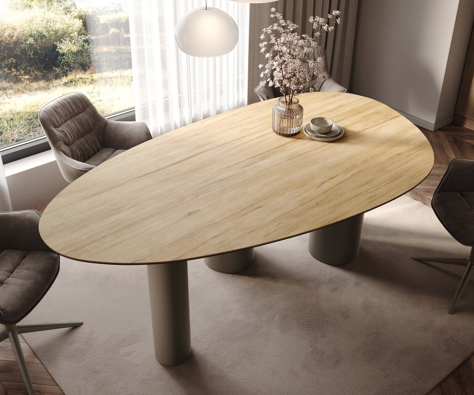 Table à manger Edge Ovale 220x120 Céramique Laminam® Sabbia Couleur chêne Pilier Métal finition à effet Titane 4