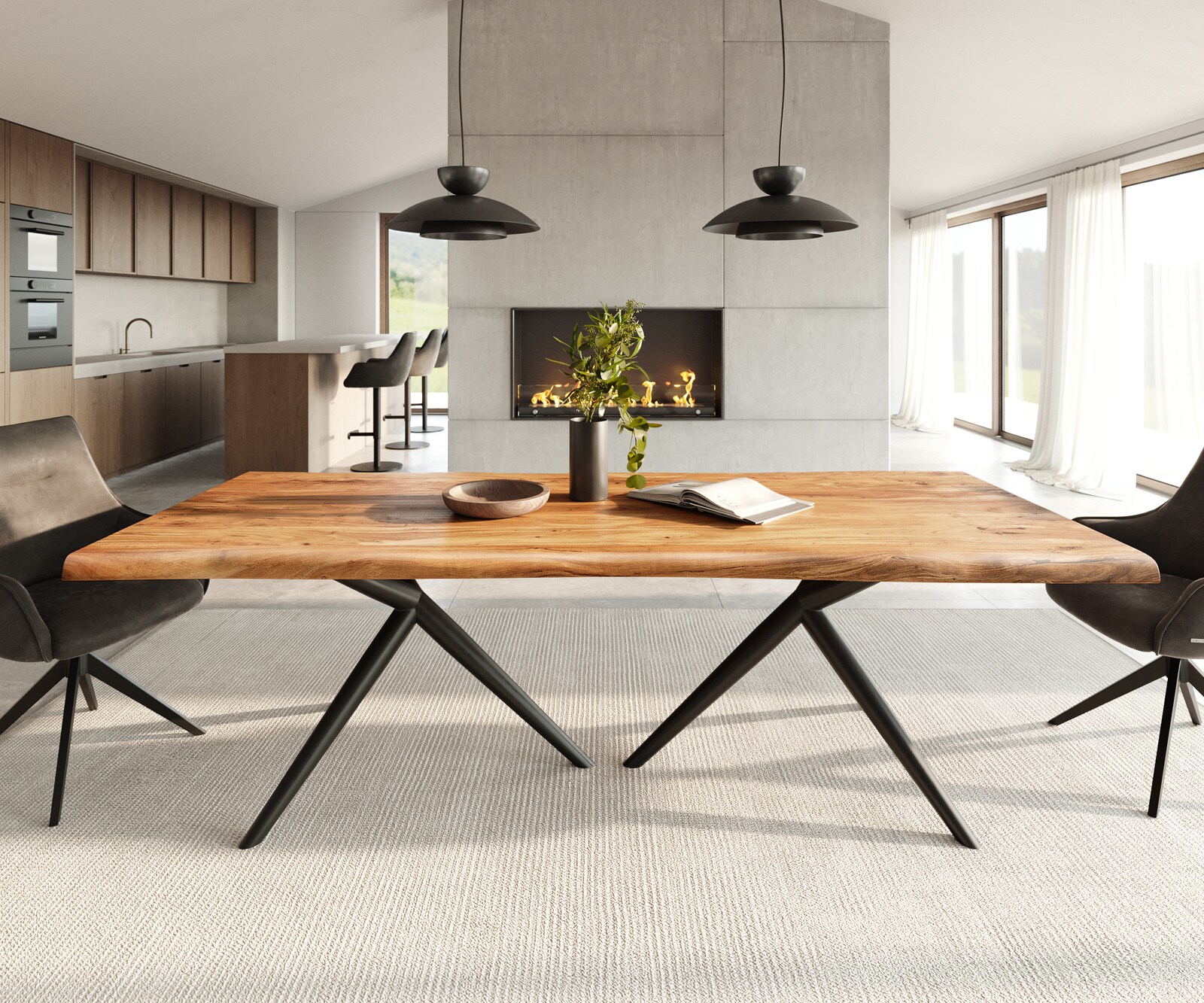 Table à manger Edge 240x100 acacia naturee Estelar rond métal noir Live-Edge 1